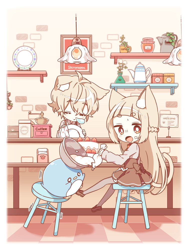 1boy 1girl animal_ears bangs bow bowtie braid brown_hair brown_pantyhose brown_shirt brown_skirt cafeteria cake cat_ears cat_tail coffee_grinder food french_braid fruit indoors jam laid-back_catboy laid-back_catgirl long_hair long_sleeves looking_at_viewer nose_bubble open_mouth orange_eyes original pantyhose plate red_bow red_bowtie shironappa shirt sitting skirt sleeping stool strawberry tail teabag teapot very_long_hair