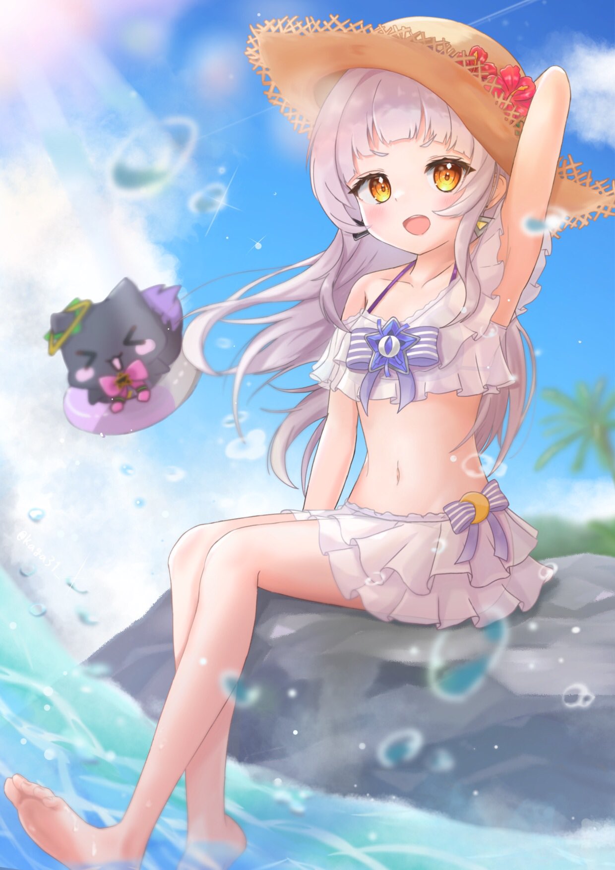 1girl arm_behind_head arm_up armpits bangs barefoot bikini bikini_skirt blue_bow blue_sky blunt_bangs blurry blurry_background blush bow breasts cloud cloudy_sky collarbone commentary_request earrings feet flower frilled_bikini frills full_body hat hat_flower highres hololive innertube jewelry kagami_(kaga31) knees_together_feet_apart legs lens_flare light_purple_hair long_hair looking_at_viewer midriff murasaki_shion navel official_alternate_costume orange_eyes outdoors shiny_hair shiny_skin shiokko_(murasaki_shion) short_eyebrows sidelocks sitting sky soaking_feet soles solo splashing straw_hat sunlight swimsuit teeth thighs tilted_headwear toenails toes upper_teeth_only virtual_youtuber water white_bikini