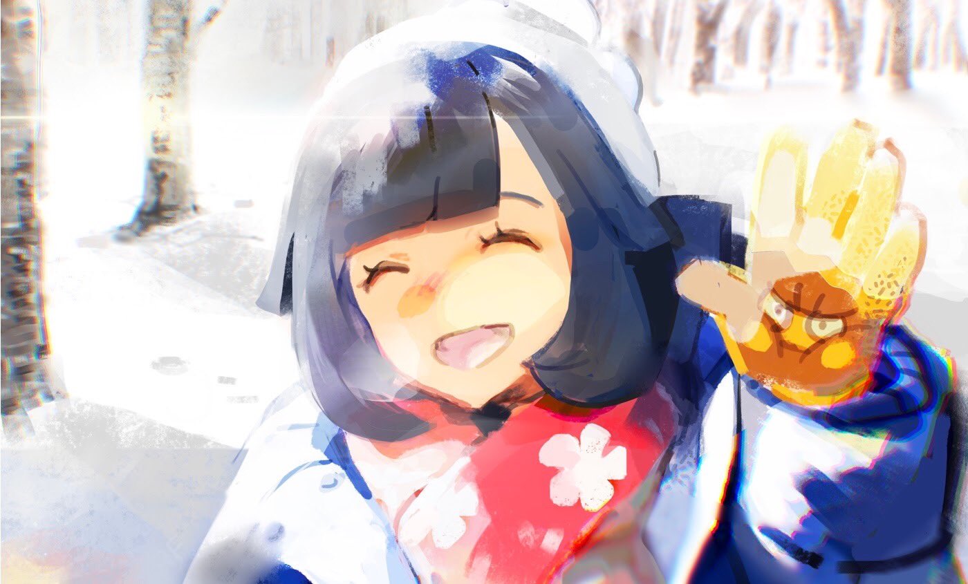 1girl :d ^_^ bare_tree beanie binacle black_hair blue_coat closed_eyes coat eyelashes gloves hand_up hat long_sleeves mizutani_megumi open_mouth outdoors pokemon pokemon_(game) pokemon_sm print_scarf red_scarf scarf selene_(pokemon) short_hair smile snow solo sweatdrop tree white_headwear