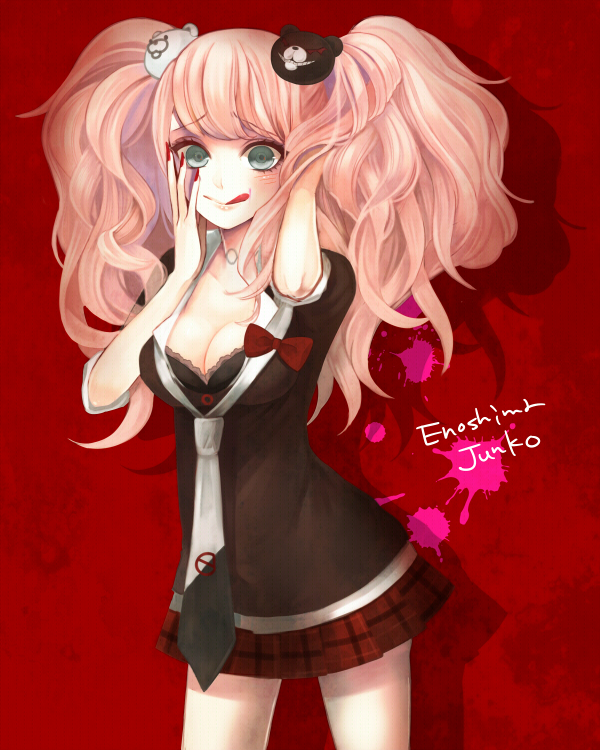 1girl bangs bear_hair_ornament blood blood_splatter blush bow bra breasts character_name choker cleavage coma_(fginiy) danganronpa:_trigger_happy_havoc danganronpa_(series) enoshima_junko fingernails green_eyes hair_ornament hand_on_own_cheek hand_on_own_face hand_on_own_head lace-trimmed_bra lace_trim long_fingernails long_hair looking_at_viewer loose_necktie medium_breasts nail_polish necktie pink_hair plaid plaid_skirt pleated_skirt skirt smile solo tongue tongue_out twintails underwear