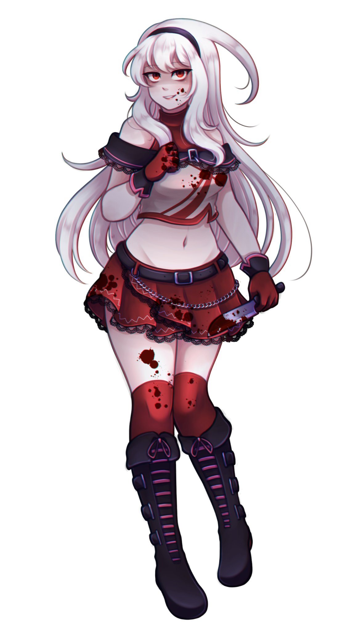 1girl bangs blood blood_on_clothes blood_on_face blood_on_knife blood_on_leg blush boots buckle chanpotei crop_top full_body gloves grin groin hairband high_collar highres holding holding_knife kneehighs knife lace-trimmed_skirt lace_trim long_hair messy_hair midriff navel off-shoulder_shirt off_shoulder pleated_skirt red_eyes redesign shaded_face shirt skirt smile socks solo standing standing_on_one_leg sukone_tei turtleneck utau very_long_hair white_hair