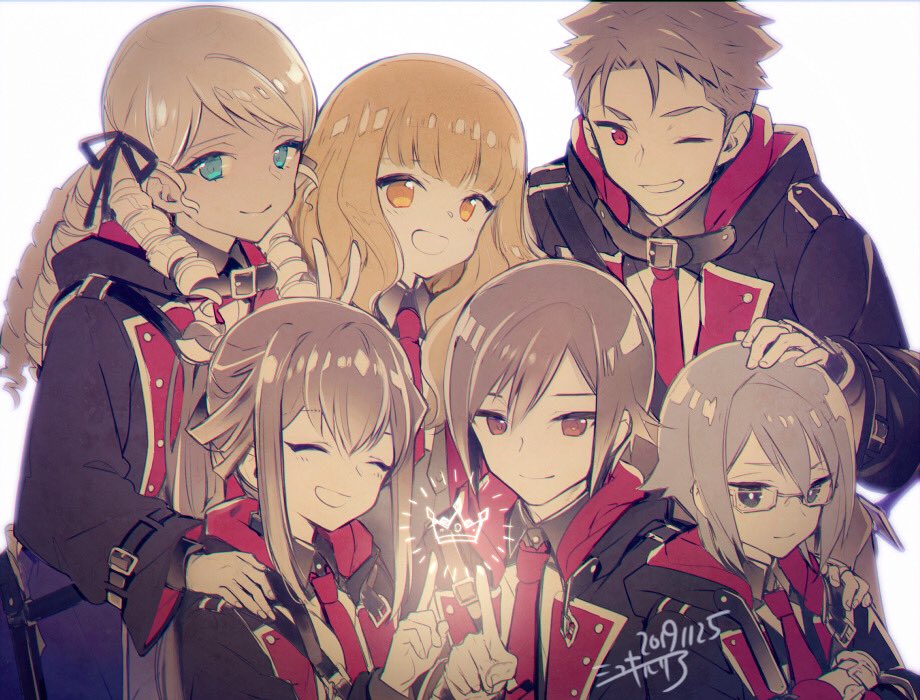 3boys 3girls belt belt_buckle black_coat black_hair blonde_hair blue_eyes brown_eyes brown_hair buckle coat collared_shirt grey_eyes grey_hair guy_greenwood index_finger_raised katie_aalto michela_mcfarlane miyuki_ruria multiple_boys multiple_girls nanao_hibiya nanatsu_no_maken_ga_shihai_suru necktie oliver_horn open_clothes open_coat parted_lips pete_reston rectangular_eyewear red_eyes red_necktie school_uniform shirt simple_background smile white_background