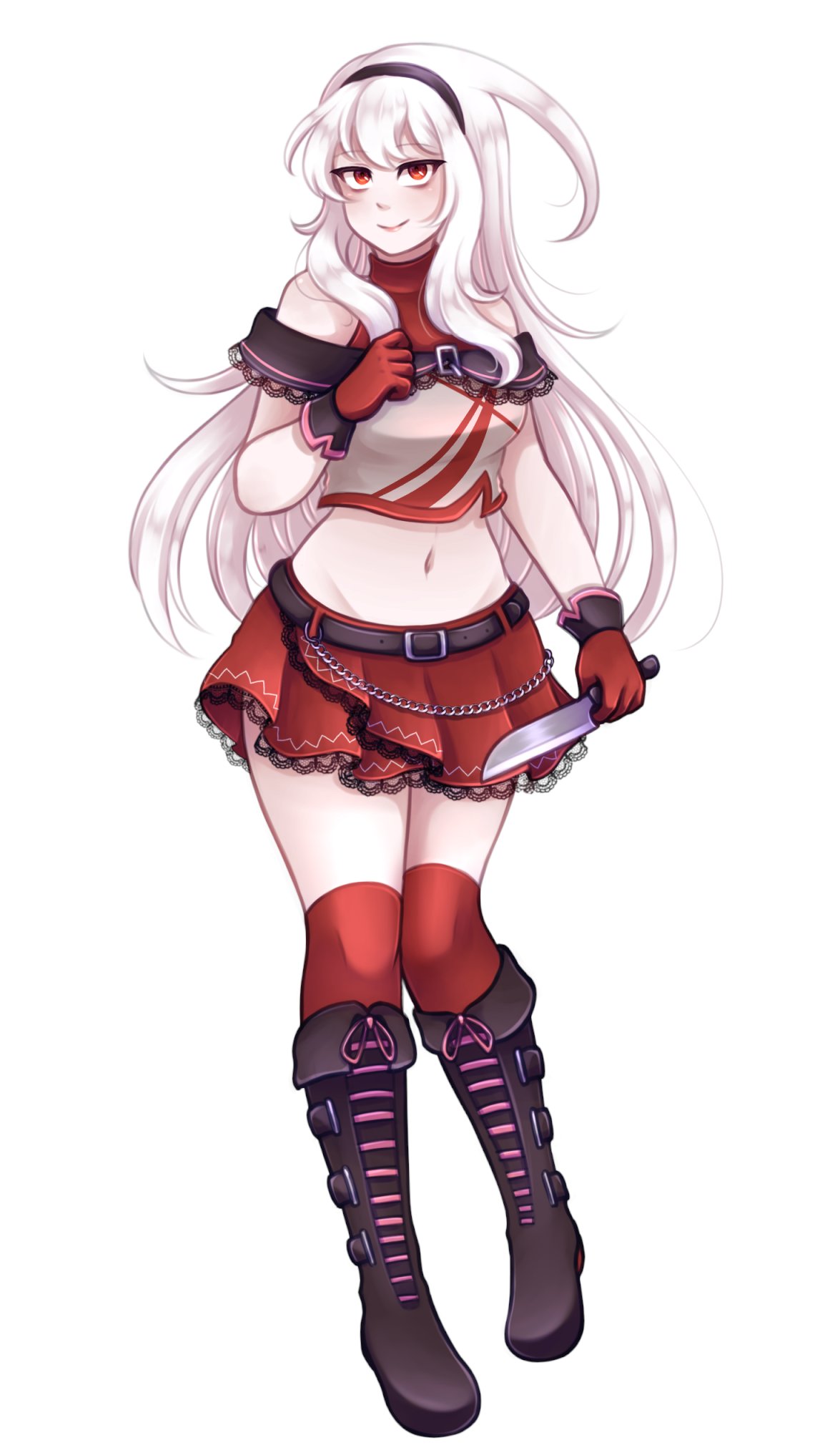 1girl bangs blush boots buckle chanpotei crop_top full_body gloves groin hairband high_collar highres holding holding_knife kneehighs knife lace-trimmed_skirt lace_trim long_hair messy_hair midriff navel off-shoulder_shirt off_shoulder pleated_skirt red_eyes redesign shirt skirt smile socks solo standing standing_on_one_leg sukone_tei turtleneck utau very_long_hair white_hair