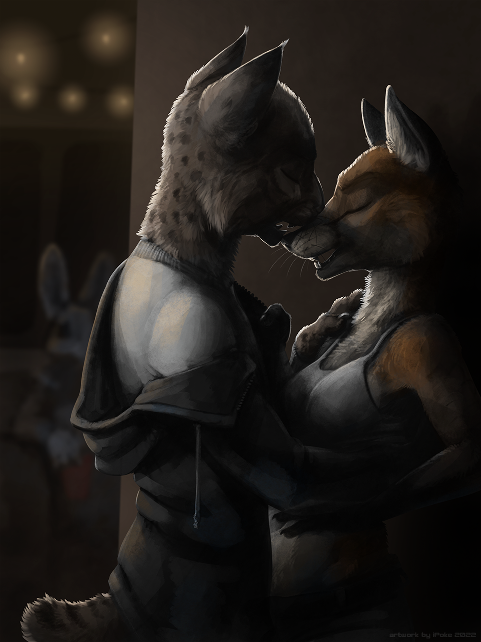 2022 anthro anthro_on_anthro breasts canid canine clothed clothing digital_media_(artwork) duo_focus eyes_closed felid female fox fur grey_body grey_fur group hi_res inside ipoke lagomorph leporid light lighting male male/female mammal orange_body orange_fur rabbit shaded spots spotted_body spotted_fur trio whiskers