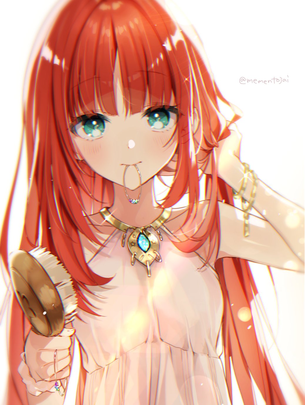 1girl aqua_eyes bangs bare_shoulders blurry bracelet closed_mouth collarbone commentary_request dot_nose dress genshin_impact hair_down hair_tie_in_mouth hand_up highres holding holding_brush holding_hair jewelry light_blush light_rays long_hair looking_at_viewer memeno mouth_hold nilou_(genshin_impact) red_hair shiny_hair sleeveless sleeveless_dress solo sparkle twitter_username tying_hair upper_body very_long_hair white_background white_dress