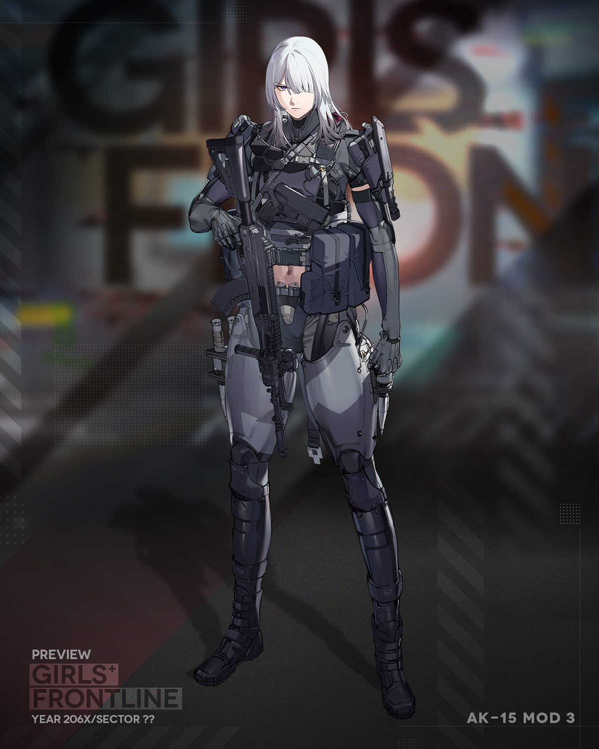 1girl ak-15 ak-15_(girls'_frontline) assault_rifle bangs body_armor closed_mouth duoyuanjun girls'_frontline gloves grey_hair gun hair_over_one_eye handgun highres holding holding_weapon holster holstered_weapon kalashnikov_rifle knife knife_holster long_hair looking_at_viewer mask mod3_(girls'_frontline) molle_vest mouth_mask navel official_art optical_sight pouch purple_eyes rifle tactical_clothes trigger_discipline vertical_foregrip weapon