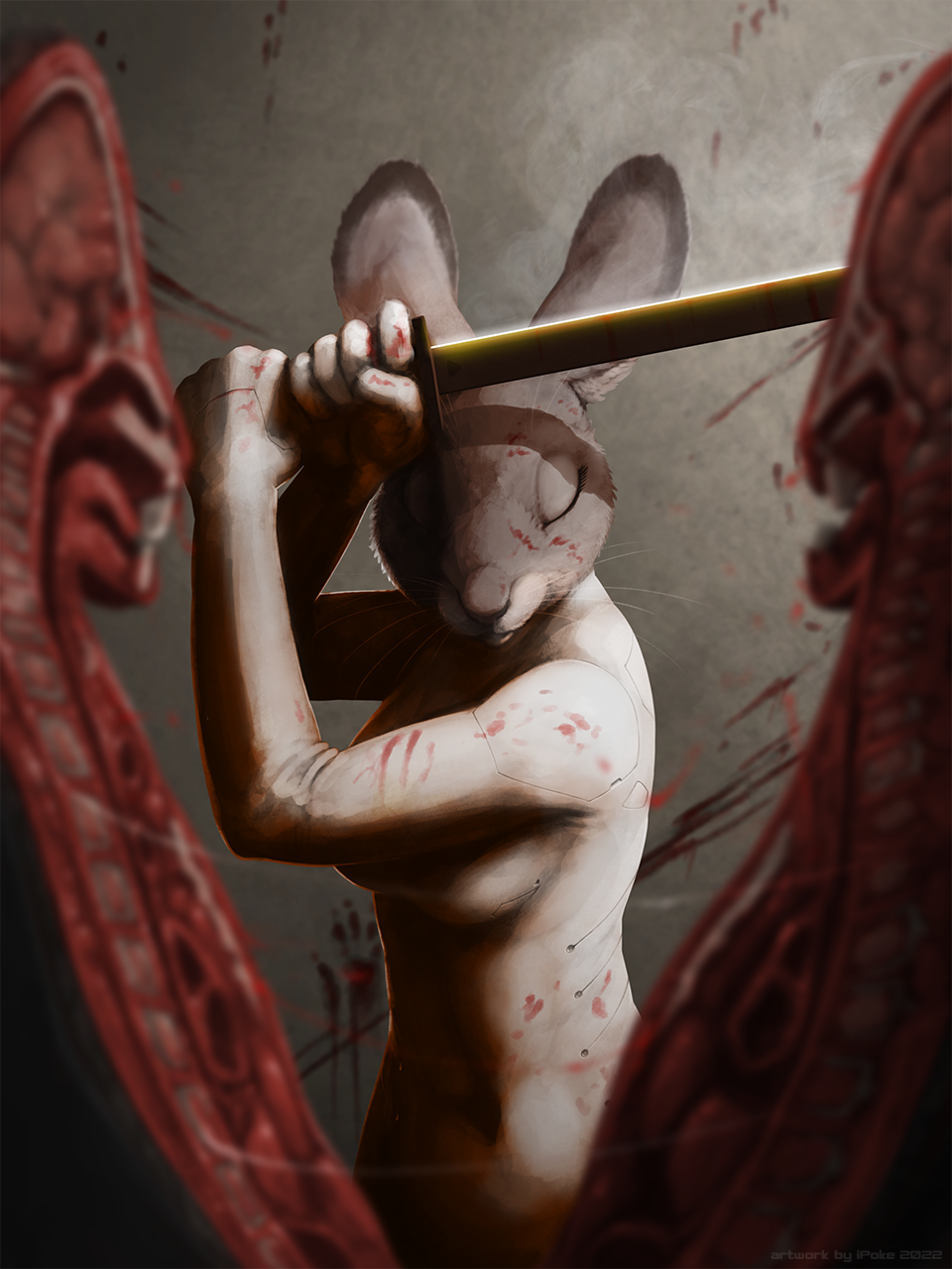 2022 action_pose blood bodily_fluids breasts eyes_closed female gore hi_res holding_object holding_sword holding_weapon ipoke lagomorph leporid light lighting mammal melee_weapon pose rabbit shaded sword weapon