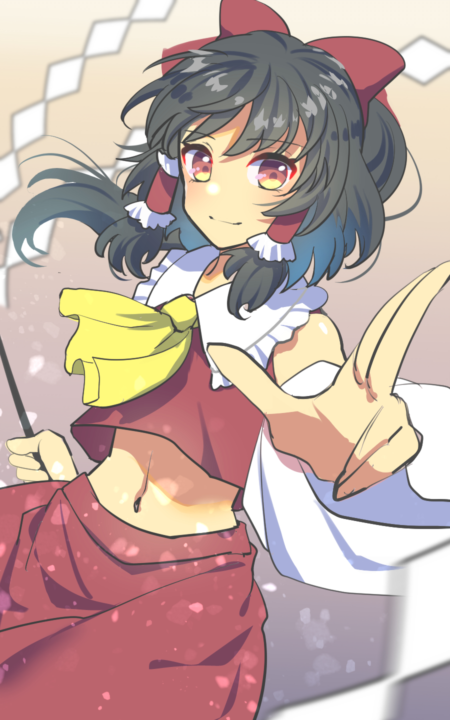 1girl ascot bangs black_hair bow brown_background detached_sleeves gohei gradient gradient_background hair_bow hair_tubes hakurei_reimu highres holding medium_hair navel nayozane_(worker7) one-hour_drawing_challenge red_bow red_eyes red_shirt red_skirt shide shirt sidelocks skirt solo touhou wide_sleeves yellow_ascot