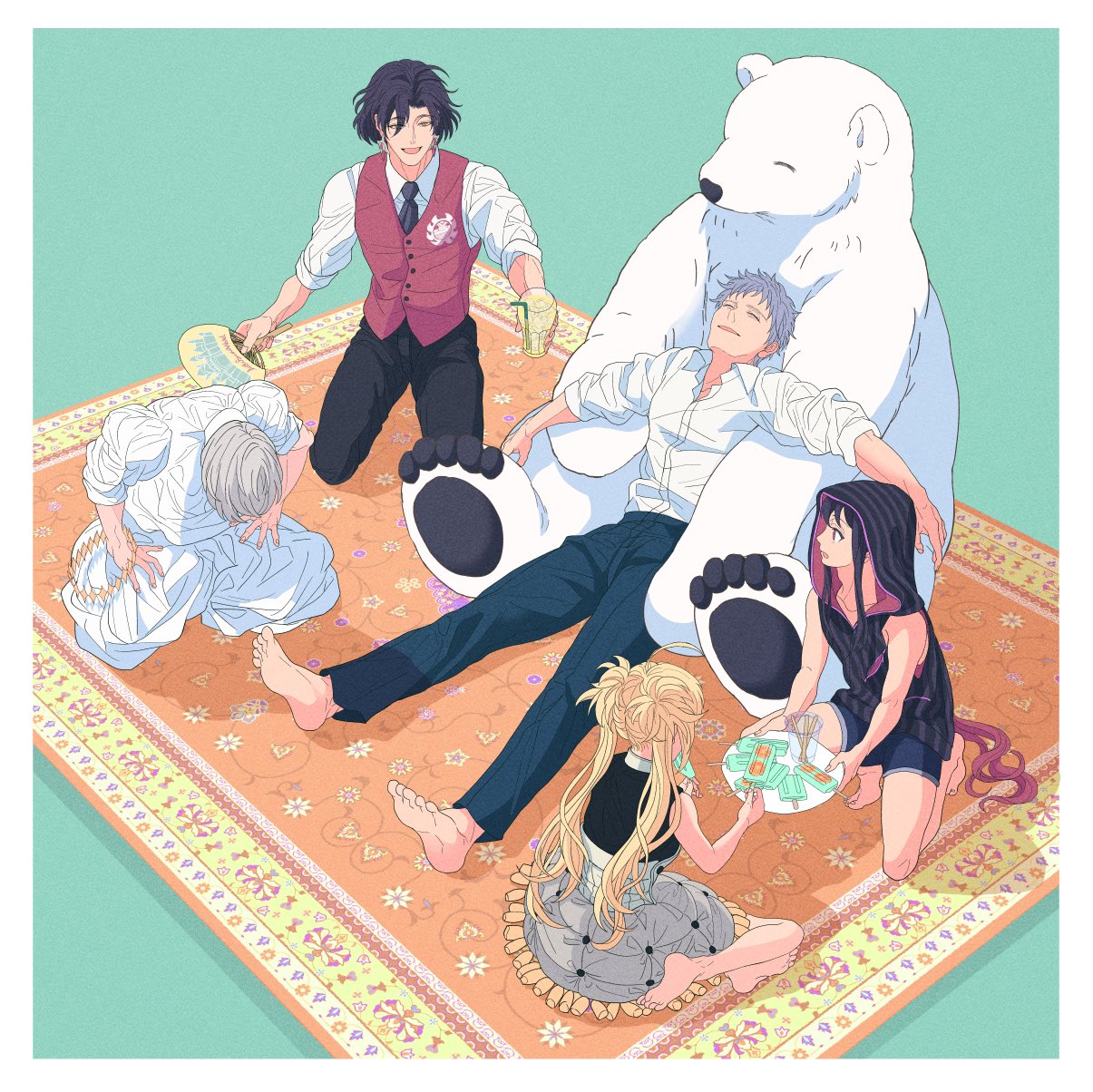 1girl 4boys :d aqua_background barefoot bear black_hair black_hoodie black_necktie black_pants black_shirt blonde_hair blue_hair blue_pants blue_shorts border bradamante_(fate) carpet closed_eyes collared_shirt constantine_xi_(fate) cup diamond_hairband drinking_glass drinking_straw earrings facing_away fate/grand_order fate_(series) food full_body giving grey_hair grey_skirt hair_between_eyes hairband_removed hand_fan head_down highres holding holding_cup holding_fan holding_food holding_plate hood hood_up hoodie hot jewelry kimiruun kneeling lemonade long_hair looking_at_another medium_hair multiple_boys necktie oberon_(fate) oda_nobukatsu_(fate) one_knee open_collar pants plate polar_bear popsicle reclining red_vest robe saitou_hajime_(fate) seiza shirt short_hair shorts simple_background sitting skirt sleeveless sleeveless_hoodie sleeveless_shirt sleeves_rolled_up smile twintails vest white_border white_robe white_shirt