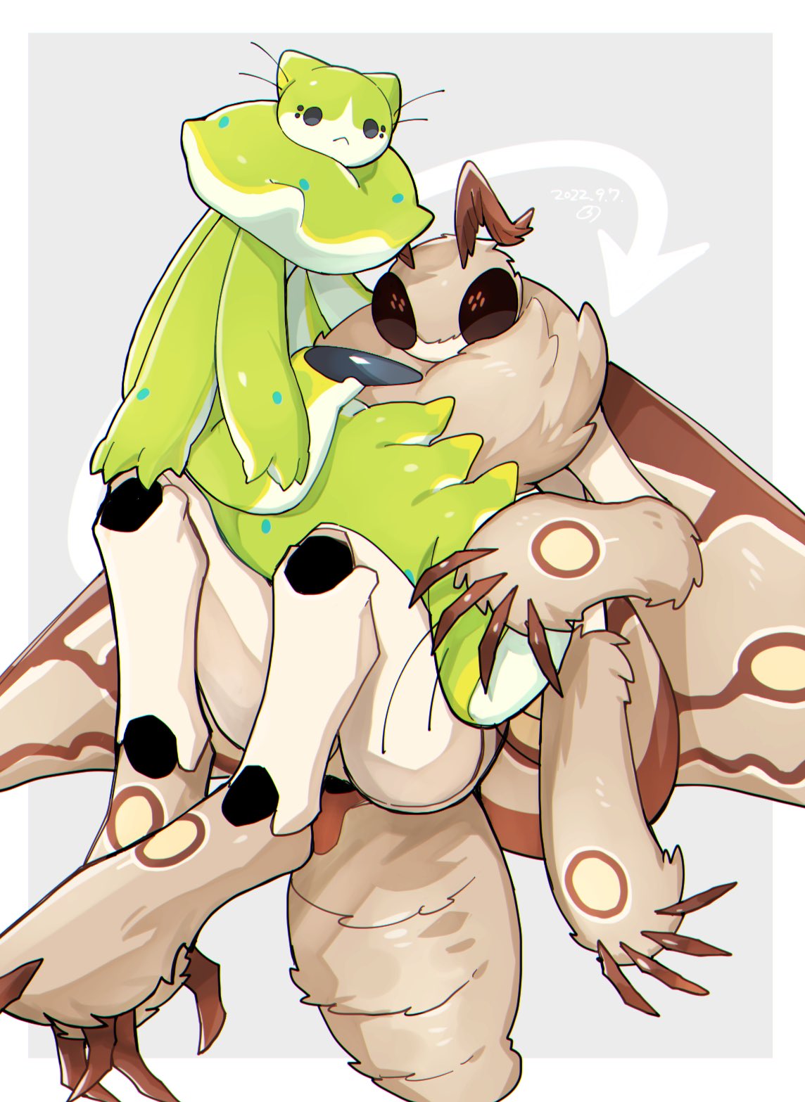 antennae_(anatomy) anthro arthropod black_eyes brown_body brown_fur caterpillar duo embrace fluffy fur green_body hi_res hug insect insect_wings larva lepidopteran moth sannota272 wings