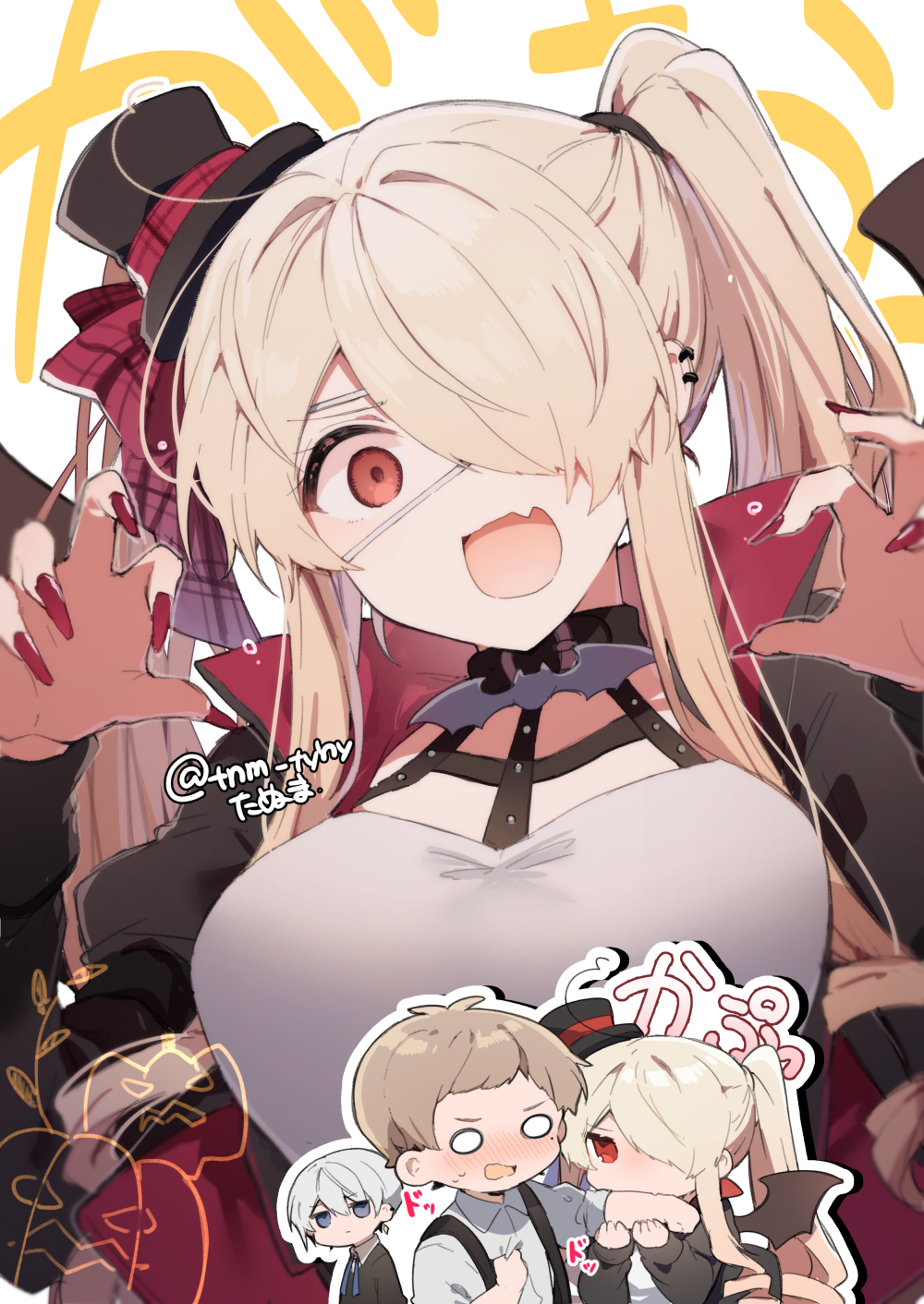 1girl 2boys biting_arm black_headwear blonde_hair blush breasts claw_pose ear_piercing edel_(ikeuchi_tanuma) embarrassed eyepatch fingernails hair_over_one_eye halloween hat highres ikeuchi_tanuma large_breasts long_fingernails long_hair looking_at_viewer mini_hat mini_top_hat multiple_boys nail_polish one_eye_covered open_mouth original piercing projected_inset red_eyes red_nails rudy_(ikeuchi_tanuma) solo_focus top_hat twintails wide-eyed