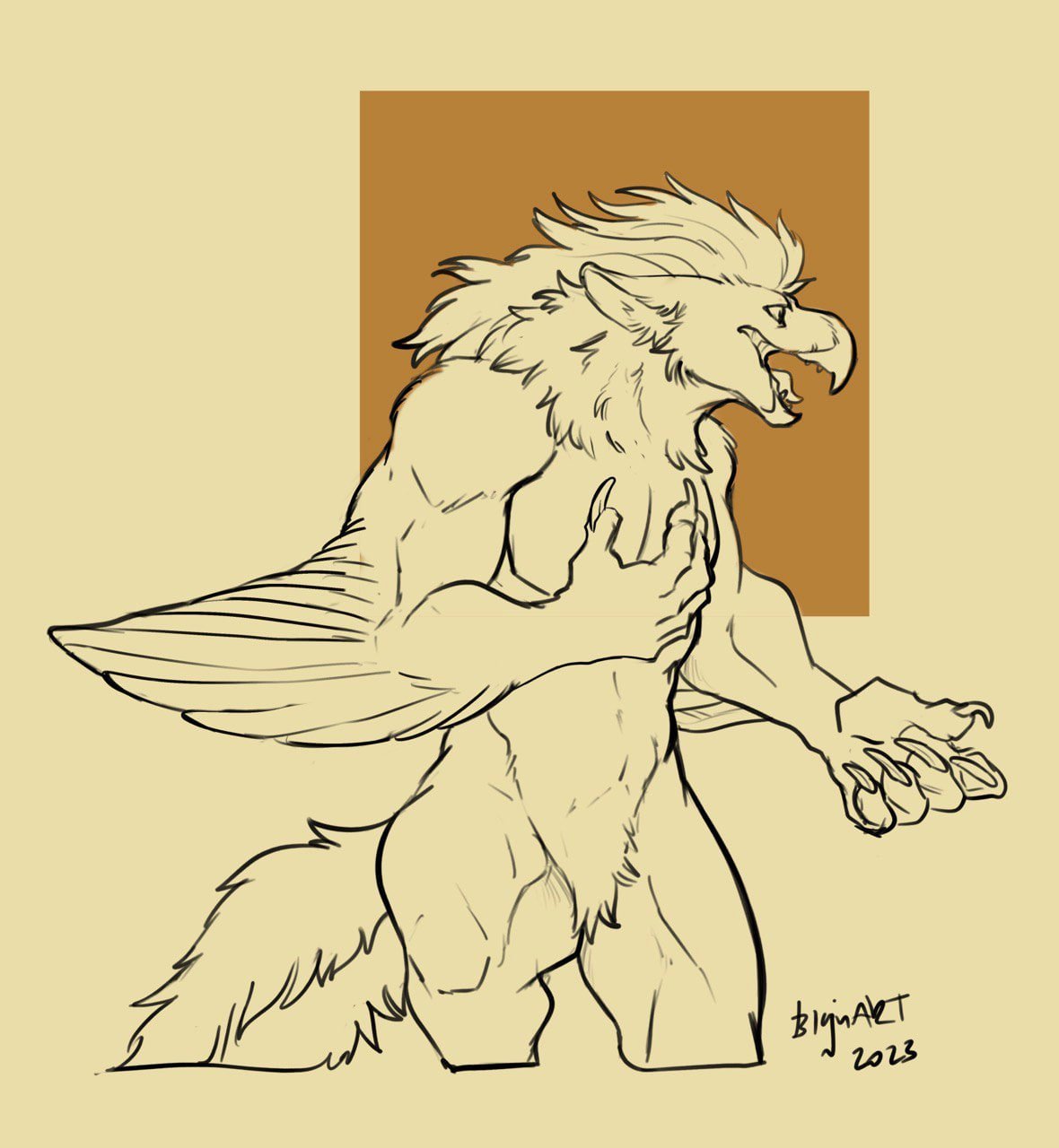 anthro arcanine avian big_hands canid canine claws digital_drawing_(artwork) digital_media_(artwork) featureless_crotch generation_1_pokemon gryph000 hair hi_res hybrid jagged_mouth male mammal mane mane_hair monochrome nintendo nude pokemon pokemon_(species) signature solo were wereavian werebird werecanid werecanine winged_arms wings