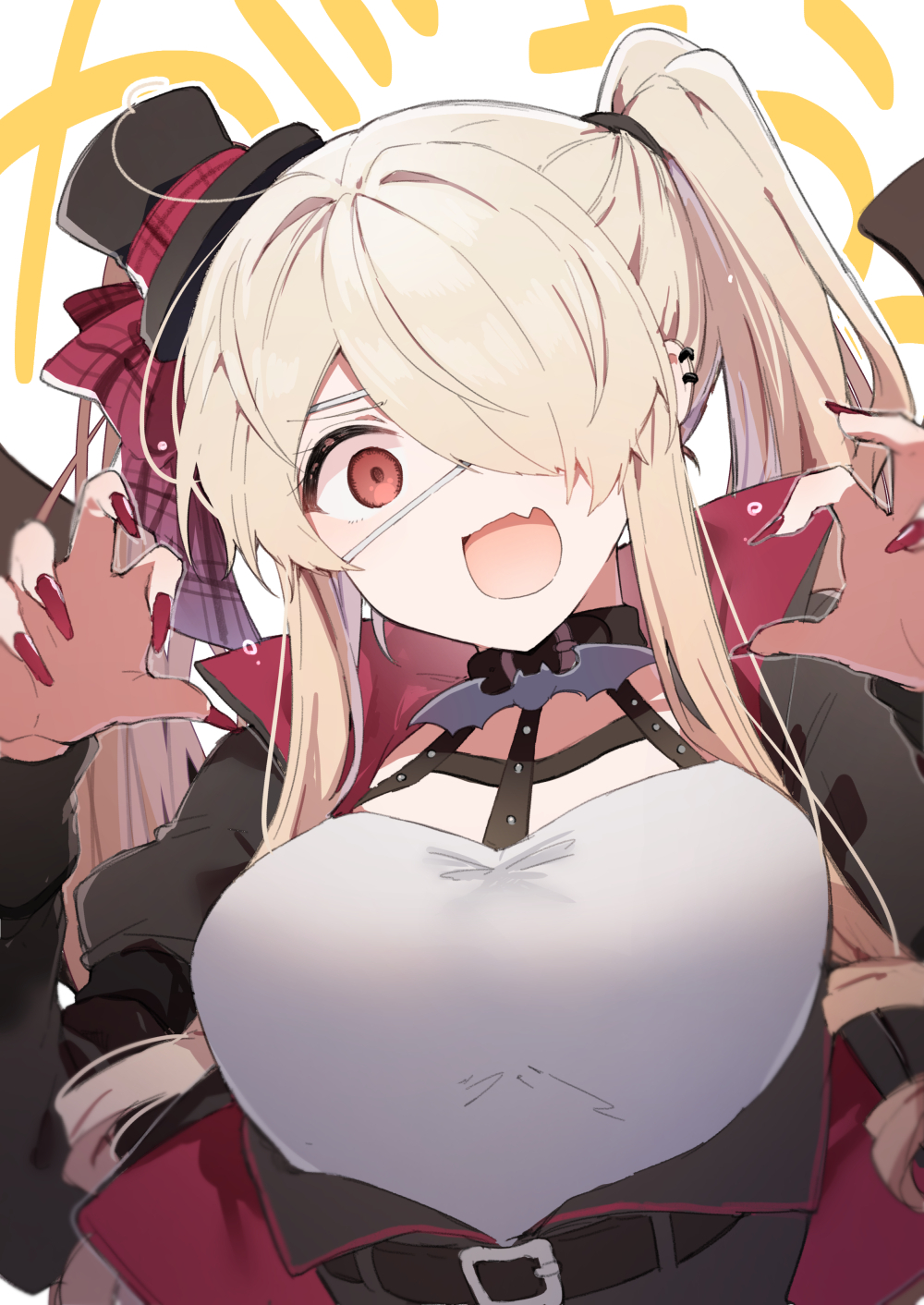 1girl belt black_belt black_headwear blonde_hair breasts claw_pose ear_piercing edel_(ikeuchi_tanuma) eyepatch fingernails hair_over_one_eye halloween hat highres ikeuchi_tanuma large_breasts long_fingernails long_hair looking_at_viewer mini_hat mini_top_hat nail_polish one_eye_covered open_mouth original piercing red_eyes red_nails solo_focus top_hat twintails upper_body wide-eyed