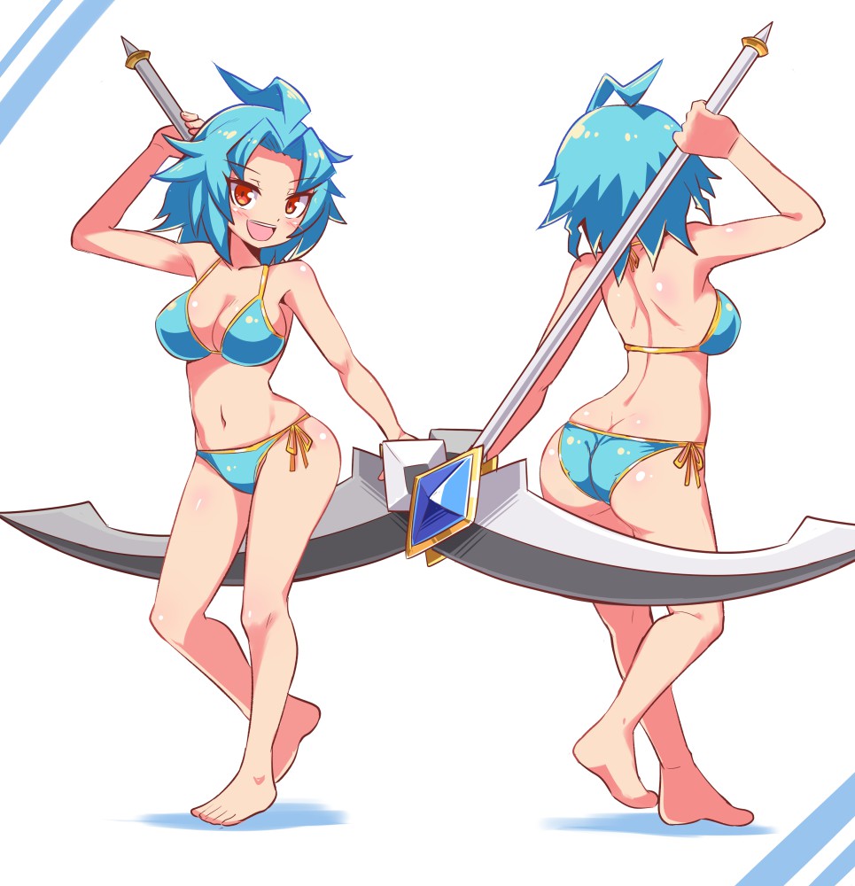 1girl ahoge arm_up aru_(majin_shoujo) ass back bangs barefoot bikini blue_bikini blue_hair breasts cleavage closed_mouth commission cougar_(cougar1404) halterneck holding holding_weapon looking_at_viewer majin_shoujo medium_breasts medium_hair multiple_views navel parted_bangs red_eyes scythe side-tie_bikini_bottom simple_background skeb_commission smile standing standing_on_one_leg swimsuit weapon weapon_behind_back white_background