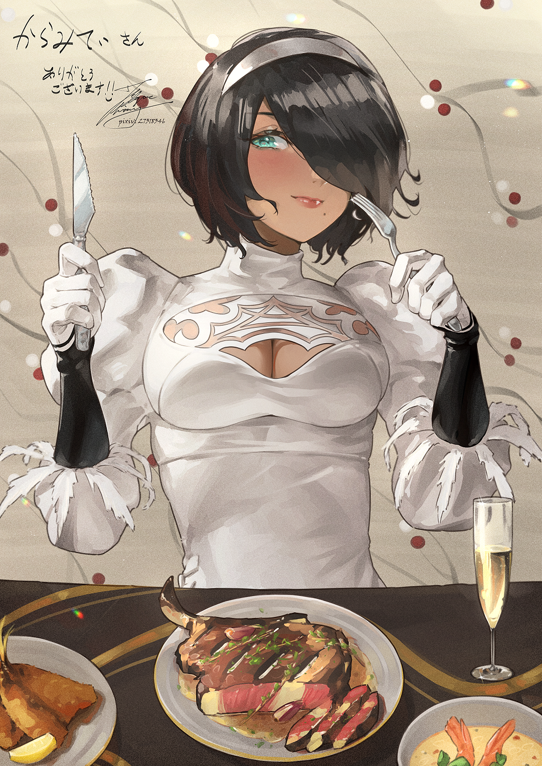 1girl alcohol aqua_eyes black_hair breasts champagne champagne_flute cleavage cleavage_cutout closed_mouth clothing_cutout cup dress drinking_glass fadingz food fork gloves hair_over_one_eye hairband highres holding holding_fork holding_knife knife looking_at_viewer meat medium_breasts mole mole_under_mouth nier_(series) nier_automata pixiv_id plate short_hair signature solo white_dress white_gloves white_hairband yorha_type_p_no._2