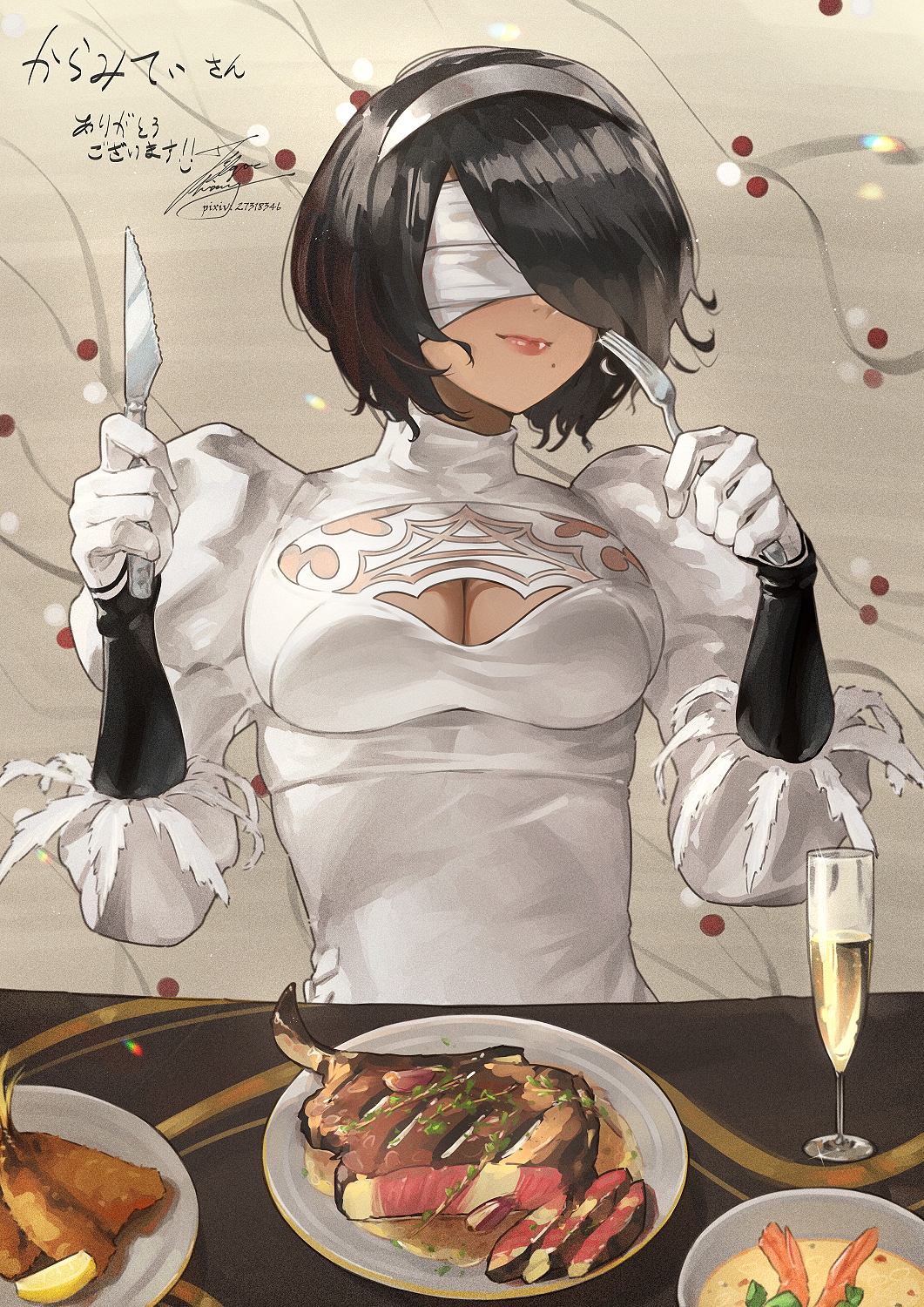 1girl alcohol black_hair blindfold breasts champagne champagne_flute cleavage cleavage_cutout closed_mouth clothing_cutout cup dress drinking_glass fadingz food fork gloves hair_over_one_eye hairband highres holding holding_fork holding_knife knife lips meat medium_breasts mole mole_under_mouth nier_(series) nier_automata pixiv_id plate short_hair signature solo white_dress white_gloves white_hairband yorha_type_p_no._2