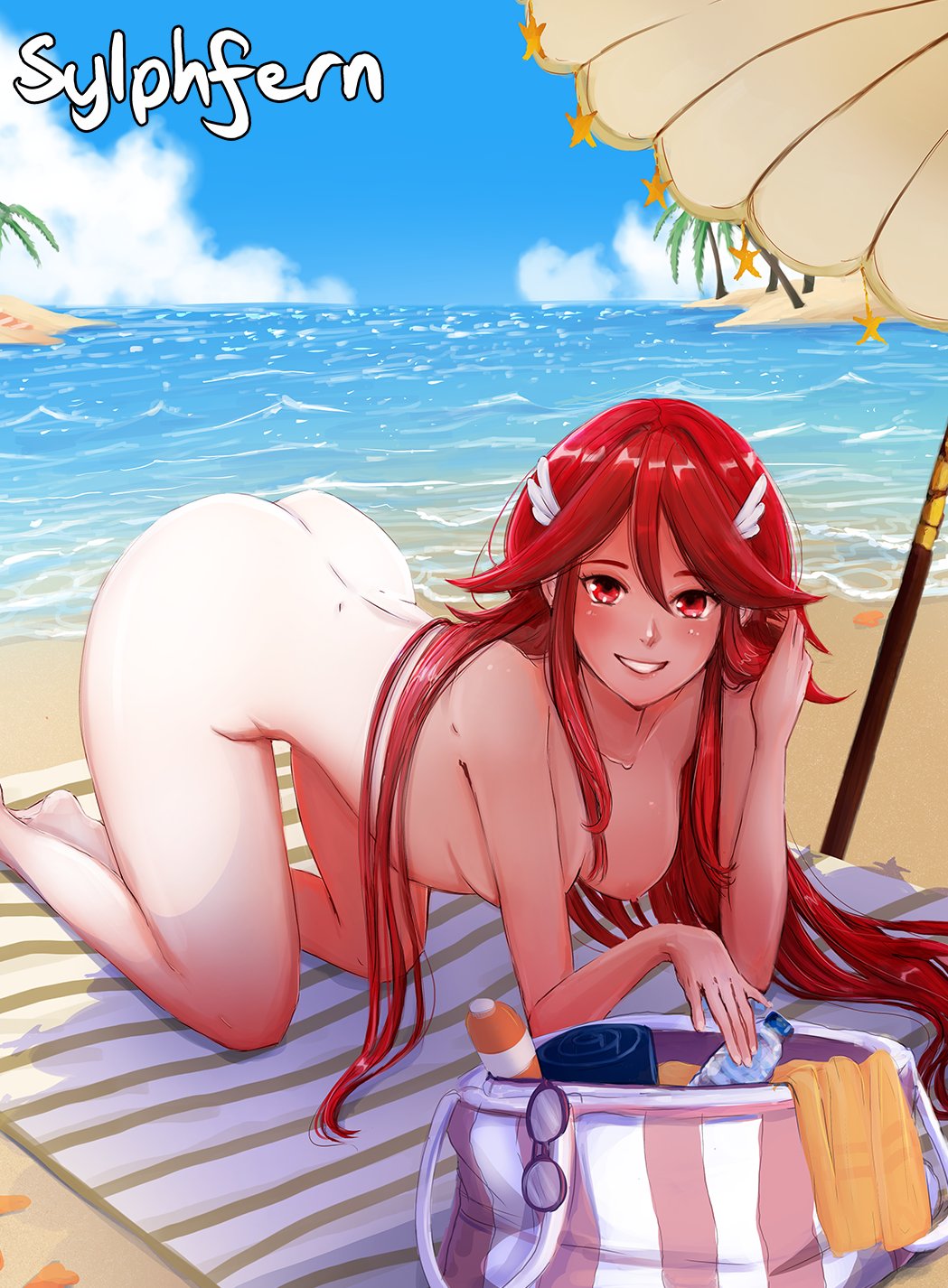 1girl all_fours alternate_breast_size artist_name ass bag beach beach_umbrella blue_sky blush bottle breasts commission commissioner_upload completely_nude cordelia_(fire_emblem) dimples_of_venus fire_emblem fire_emblem_awakening glasses hand_in_own_hair highres long_hair looking_at_viewer lotion medium_breasts nipples nude palm_tree red_eyes red_hair sky smile sunscreen sylphfern teeth towel tree umbrella very_long_hair water water_bottle waves wing_hair_ornament