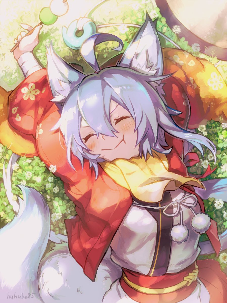 ahoge animal_ears blue_hair dango food fox_ears fox_tail fukube haori highres japanese_clothes magatama murasame_sukehiro_(tenka_hyakken) scarf tail tenka_hyakken wagashi yellow_scarf