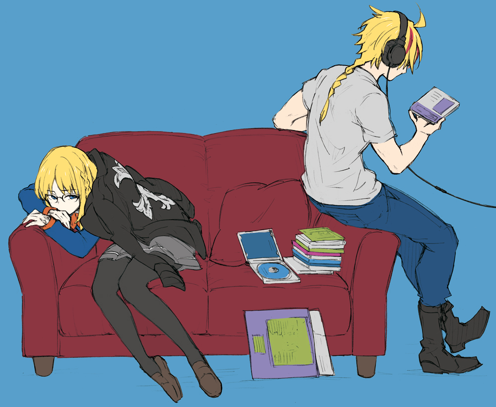 1boy 1girl ahoge black_pantyhose blonde_hair blue_background blue_pants book boots braid cd cd_case couch fate/strange_fake fate_(series) glasses headphones isshoku_(shiki) long_sleeves medium_hair on_couch pants pantyhose pillow richard_i_(fate) sajou_ayaka short_sleeves simple_background sitting skirt