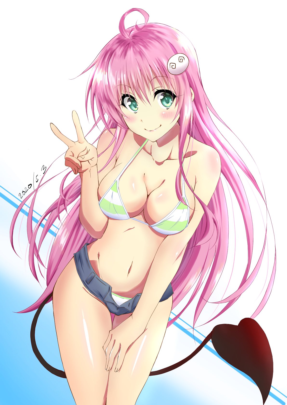 1girl 2020 ahoge bangs bare_arms bikini bikini_under_clothes blush breasts cleavage closed_mouth collarbone dated demon_tail floating_hair green_eyes grey_shorts hair_between_eyes hair_ornament hairclip halterneck highres lala_satalin_deviluke long_hair looking_at_viewer micro_shorts navel open_clothes open_shorts pink_hair shiny_skin shorts sideboob sketch smile solo swimsuit tail thigh_gap to_love-ru tsuji643163271 v very_long_hair white_background