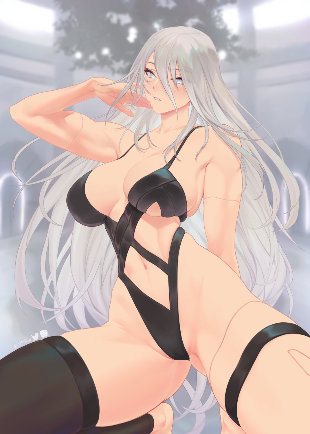1girl android artist_name bare_arms black_leotard black_thighhighs blue_eyes breasts cleavage clothing_cutout collarbone gabriel_carrasquillo hair_between_eyes hand_on_own_cheek hand_on_own_face highleg highleg_leotard highres instagram_logo joints leotard long_hair navel navel_cutout nier_(series) nier_automata parted_lips robot_joints single_thighhigh skindentation solo spread_legs squatting thick_thighs thigh_strap thighhighs thighs twitter_logo twitter_username very_long_hair white_hair yorha_type_a_no._2