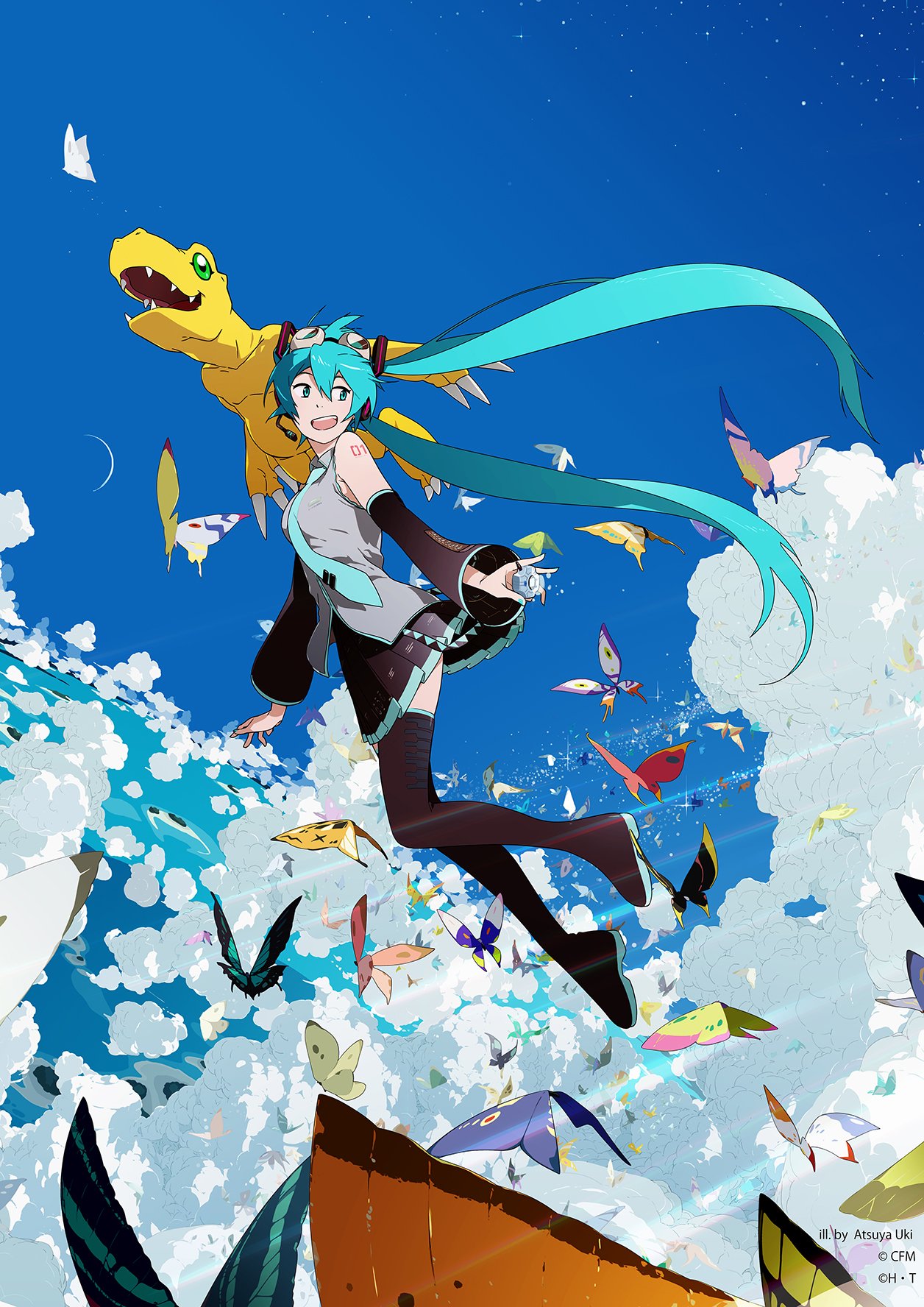 1girl agumon aqua_eyes aqua_hair aqua_neckwear artist_name bandai bare_shoulders belt blue_sky breasts bug butterfly claws cloud cloudy_sky commentary company_name crescent_moon crossover detached_sleeves digimon digimon_adventure_tri. digivice fangs female flying full_body green_eyes hair_ornament hatsune_miku headset highres holding insect island long_hair looking_back moon necktie ocean official_art sharp_teeth shiny shirt shoulder_tattoo skirt sky sleeveless sleeveless_shirt smile star_(sky) starry_sky tattoo teeth thighhighs twintails uki_atsuya very_long_hair vocaloid