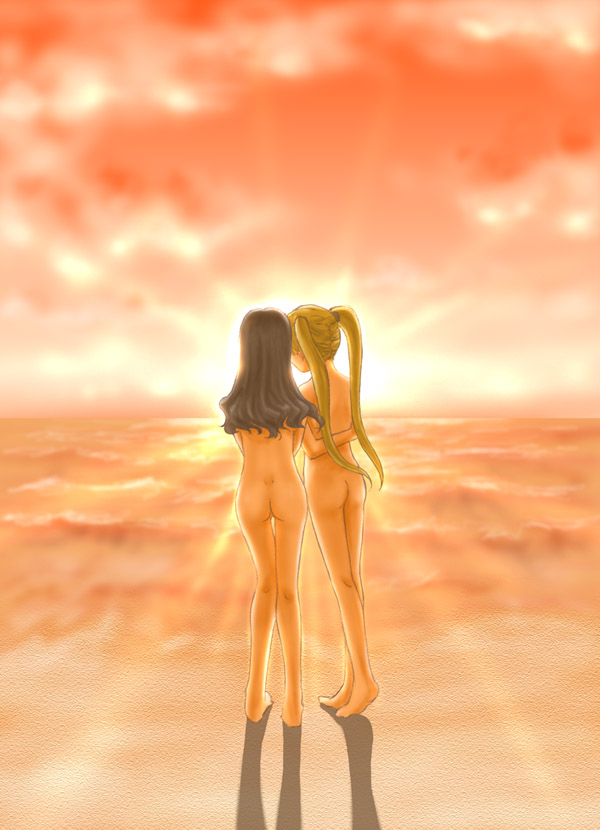 2girls ass beach black_hair blonde_hair food fruit lens_flare multiple_girls nude nudist orange sun sunset twintails water yuri zenra