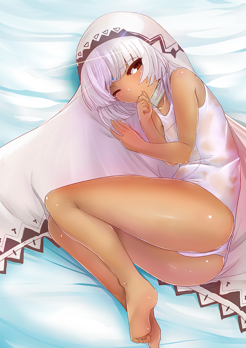 1girl aged_down altera_(fate) ass bangs bare_shoulders barefoot body_markings breasts collarbone dark-skinned_female dark_skin fate/extella fate/extra fate_(series) looking_at_viewer lying on_side one-piece_swimsuit one_eye_closed red_eyes senbon_tsuki short_hair small_breasts smile swimsuit thighs veil wet white_hair white_one-piece_swimsuit