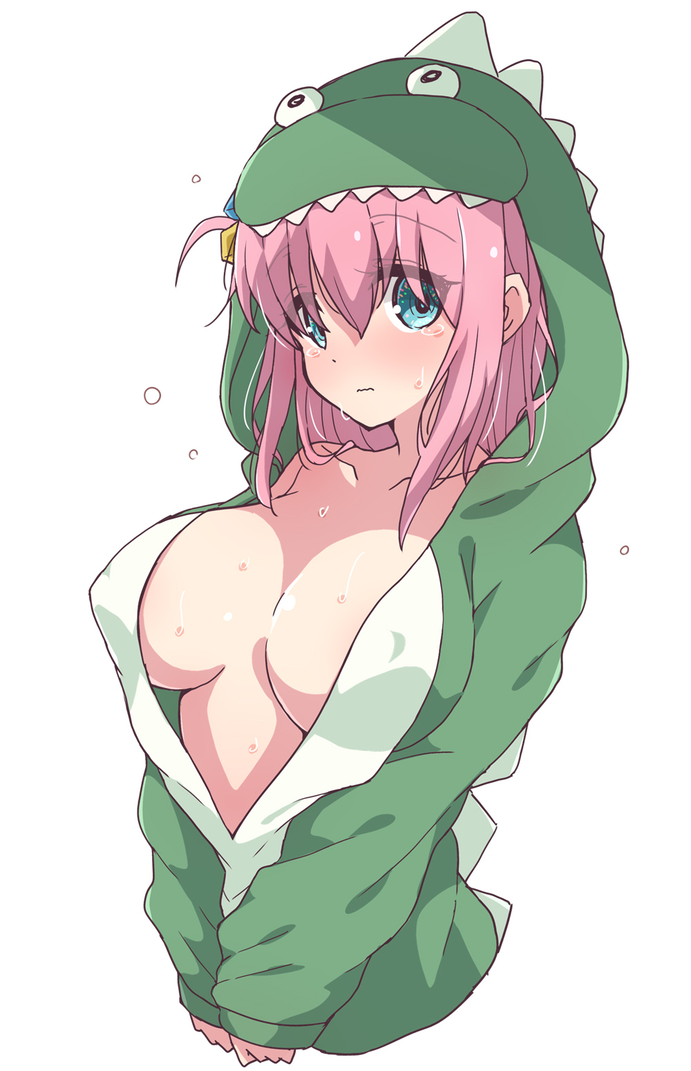 1girl blue_eyes blush bocchi_the_rock! breasts collarbone gotou_hitori green_hoodie hair_ornament highres hood hoodie large_breasts mel_(melty_pot) one_side_up pink_hair solo sweat tearing_up wavy_mouth