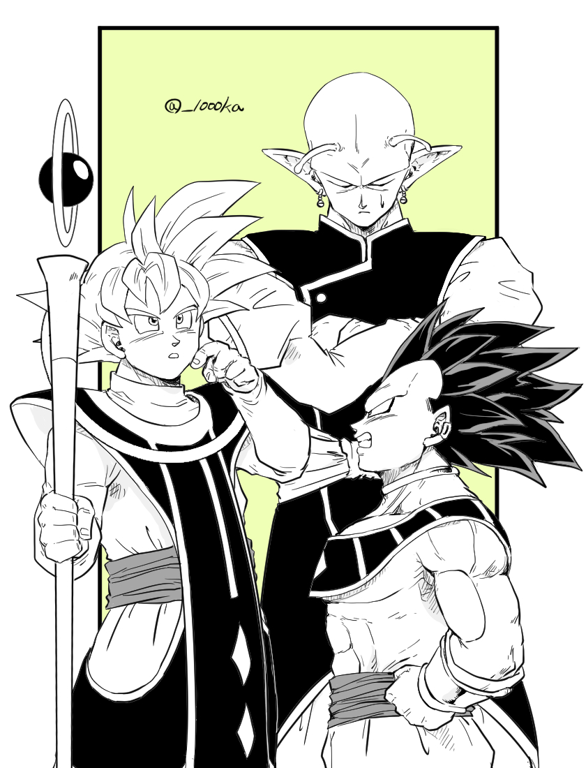 3boys antennae beerus beerus_(cosplay) clenched_teeth commentary_request cosplay crossed_arms dragon_ball dragon_ball_super ear_piercing earrings frown greyscale holding holding_staff jewelry male_focus monochrome multiple_boys muscular muscular_male neck_ring no_eyebrows piccolo piercing pointy_ears potara_earrings senka-san shin_(dragon_ball) shin_(dragon_ball)_(cosplay) son_goku staff sweatdrop teeth twitter_username ultra_ego_(dragon_ball) ultra_instinct vegeta whis whis_(cosplay)