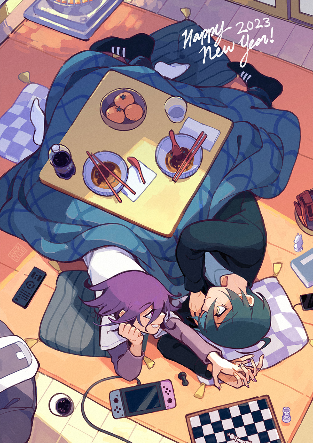 2boys ahoge black_hair blush board_game cellphone charging_device chess chess_piece chopsticks controller danganronpa_(series) danganronpa_v3:_killing_harmony english_text ever_evercelle food fruit game_console grin happy_new_year highres holding holding_hands kotatsu light_smile looking_at_another lying multiple_boys nintendo_switch noodles on_side on_stomach orange_(fruit) ouma_kokichi phone purple_eyes purple_hair purple_nails ramen remote_control saihara_shuuichi short_hair smile table teeth under_kotatsu under_table wire yaoi