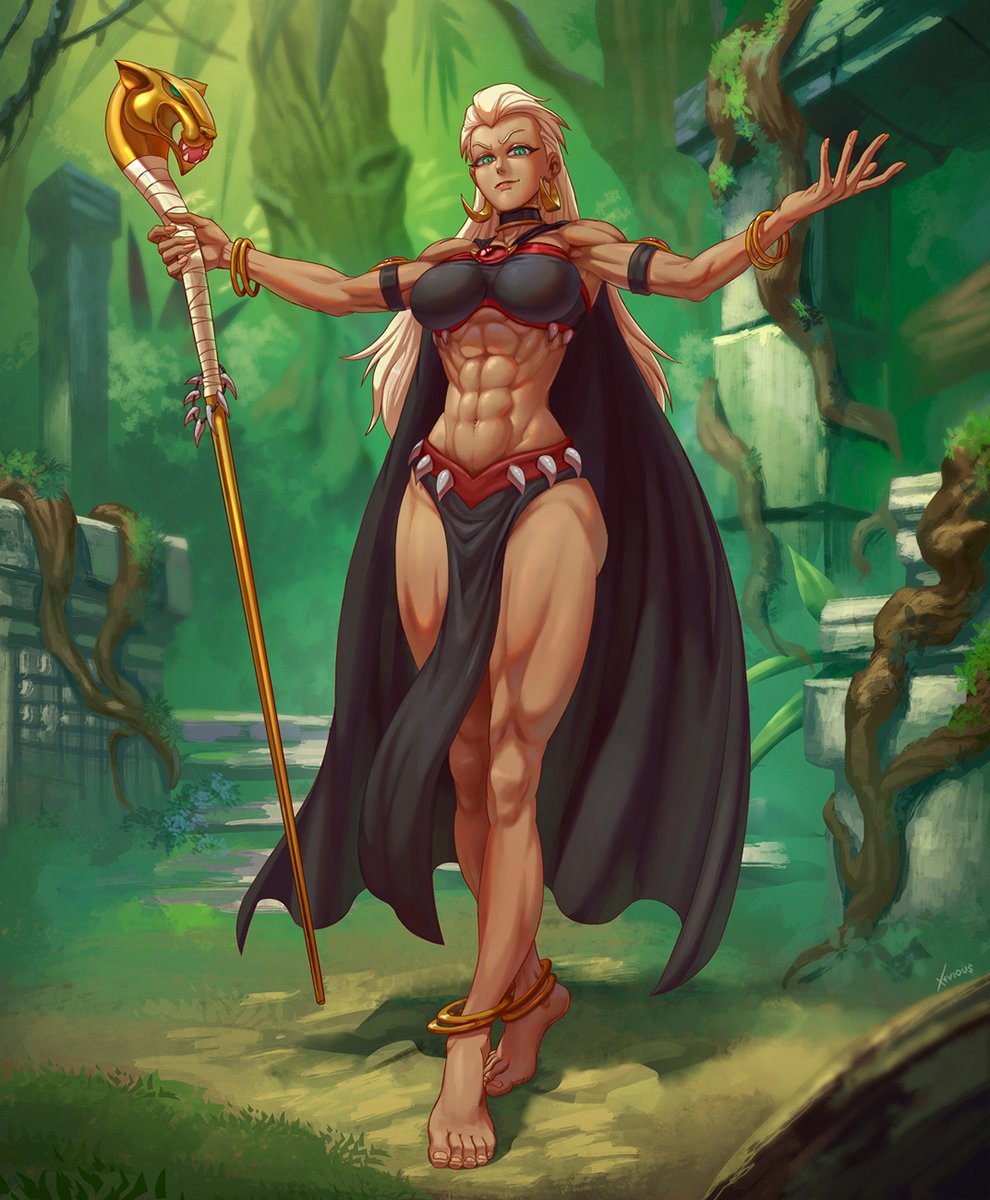 1girl abs anklet barefoot bracelet cape choker crop_top earrings green_eyes highres jewelry jungle loincloth long_hair looking_at_viewer muscular muscular_female nature necklace outstretched_arms queen_la_(tarzan) smile solo spread_arms staff tarzan thick_thighs thighs toned white_hair xevious_art