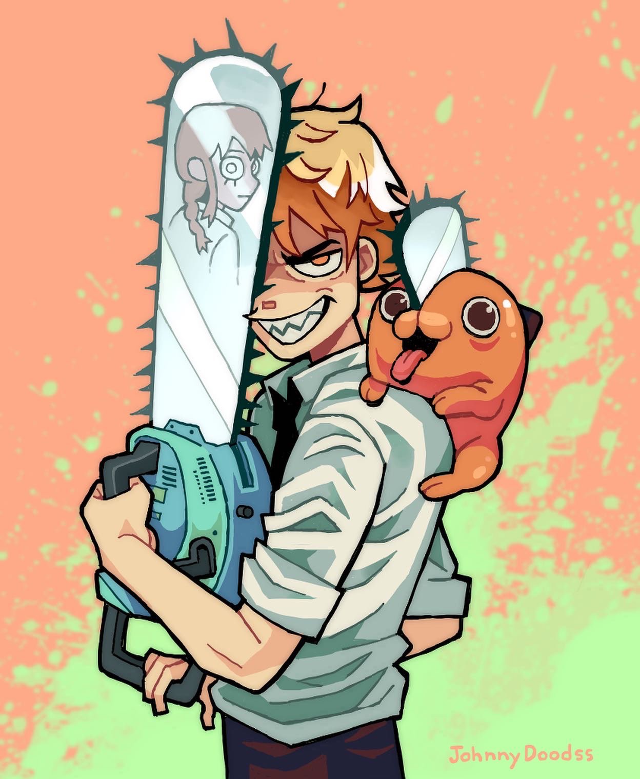 1boy 1girl 1other animal_on_shoulder artist_name black_necktie black_pants blonde_hair blood blood_splatter braid braided_ponytail chainsaw chainsaw_man collared_shirt denji_(chainsaw_man) green_blood highres holding holding_chainsaw johnnydoodss looking_at_viewer makima_(chainsaw_man) medium_hair necktie open_mouth pants parted_lips pochita_(chainsaw_man) sharp_teeth shirt shirt_tucked_in short_hair smile teeth tongue tongue_out white_shirt
