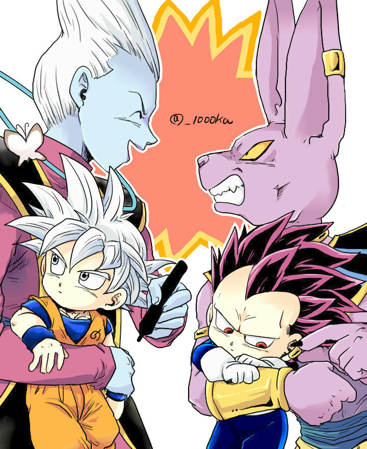 4boys :d angry beerus blue_skin bodysuit bracelet bug butterfly chibi clenched_teeth closed_eyes colored_skin commentary dougi dragon_ball dragon_ball_super ear_ornament ear_piercing english_commentary false_smile fingernails gloves grey_eyes grey_hair holding holding_pen jewelry long_sleeves looking_at_another looking_down looking_to_the_side male_focus mixed-language_commentary multiple_boys pants pen piercing purple_eyes purple_hair sash senka-san sharp_fingernails shirt smile son_goku spiked_hair tall_hair teeth twitter_username ultra_ego_(dragon_ball) ultra_instinct vegeta whis