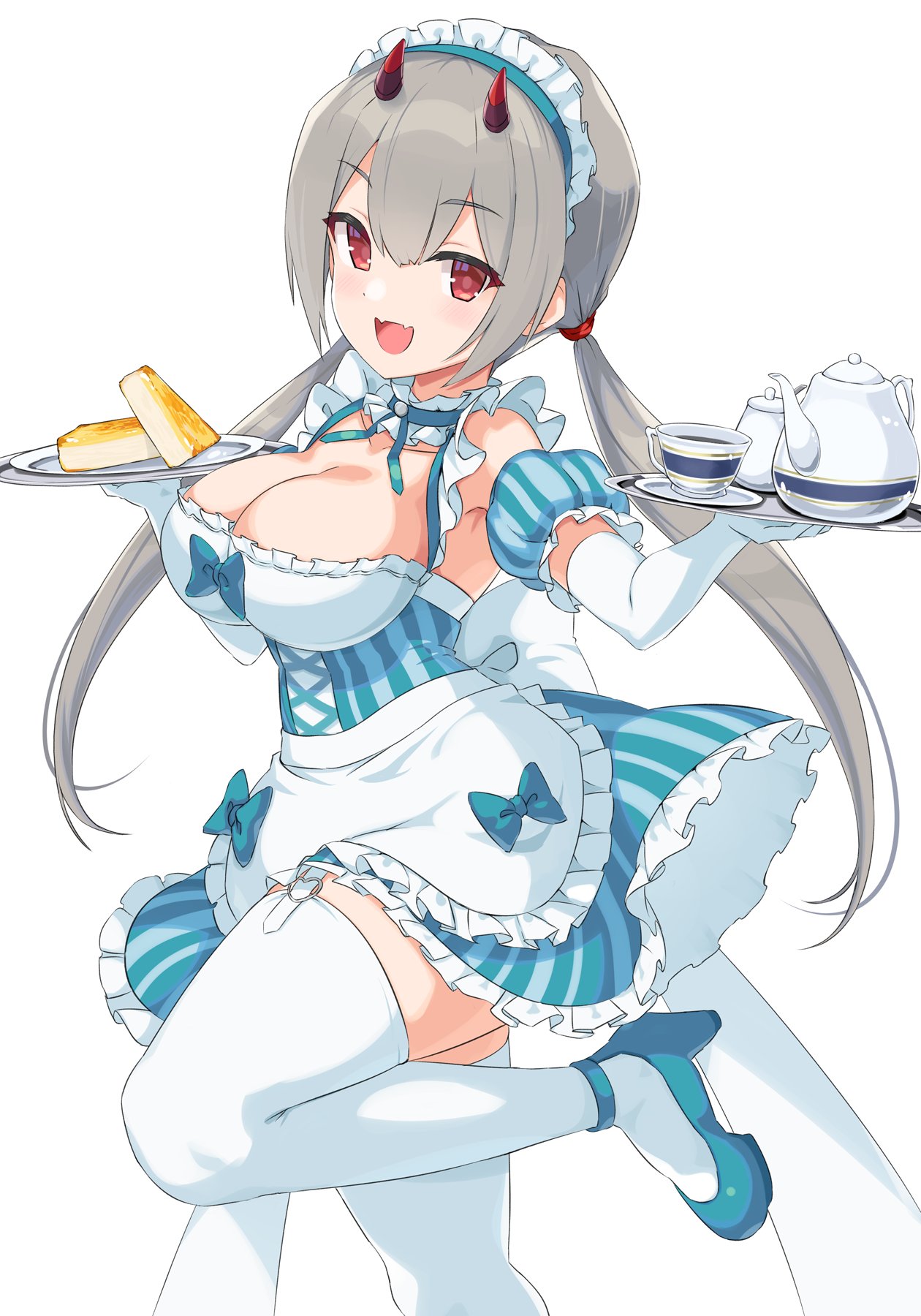 1girl :d adapted_costume ankle_strap apron aqua_bow aqua_dress aqua_footwear aqua_ribbon assault_lily back_bow bangs bow breasts cake cake_slice cleavage clothes_lift collar collarbone commentary cross-laced_clothes cross-laced_dress cup detached_sleeves dress dress_bow dress_lift elbow_gloves fangs food foot_out_of_frame frilled_apron frilled_collar frilled_sleeves frills from_side fujita_asagao garter_straps gloves grey_hair hair_between_eyes hands_up high_heels highres holding holding_tray horns large_breasts light_blush long_hair looking_at_viewer looking_to_the_side low_twintails maid_headdress mechanical_horns neck_ribbon open_mouth pera plate puffy_detached_sleeves puffy_short_sleeves puffy_sleeves red_eyes red_horns ribbon saucer short_dress short_sleeves simple_background skin_fangs sleeveless sleeveless_dress smile solo spread_legs standing standing_on_one_leg strappy_heels striped striped_dress tea_set teacup teapot thighhighs tray twintails vertical-striped_dress vertical_stripes very_long_hair w_arms waist_apron waitress white_background white_bow white_collar white_thighhighs