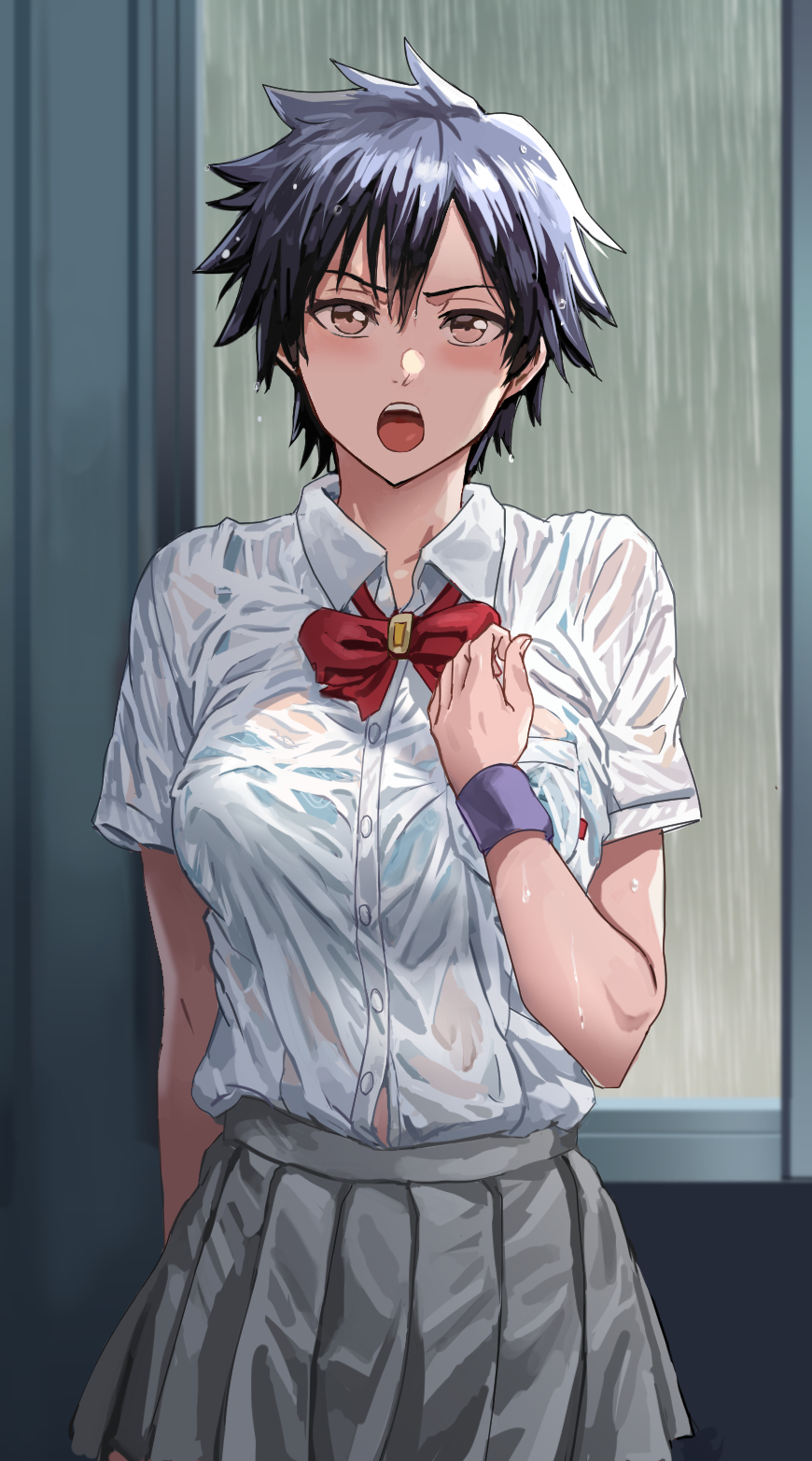 1girl arisawa_tatsuki asymmetrical_bangs bangs black_hair bleach bow bowtie breast_pocket brown_eyes collared_shirt daraz grey_skirt hair_between_eyes hand_up highres indoors looking_at_viewer open_mouth pleated_skirt pocket purple_wristband rain red_bow red_bowtie school_uniform shirt shirt_tucked_in short_hair short_sleeves skirt solo teeth upper_teeth_only wet wet_clothes wet_hair wet_shirt white_shirt