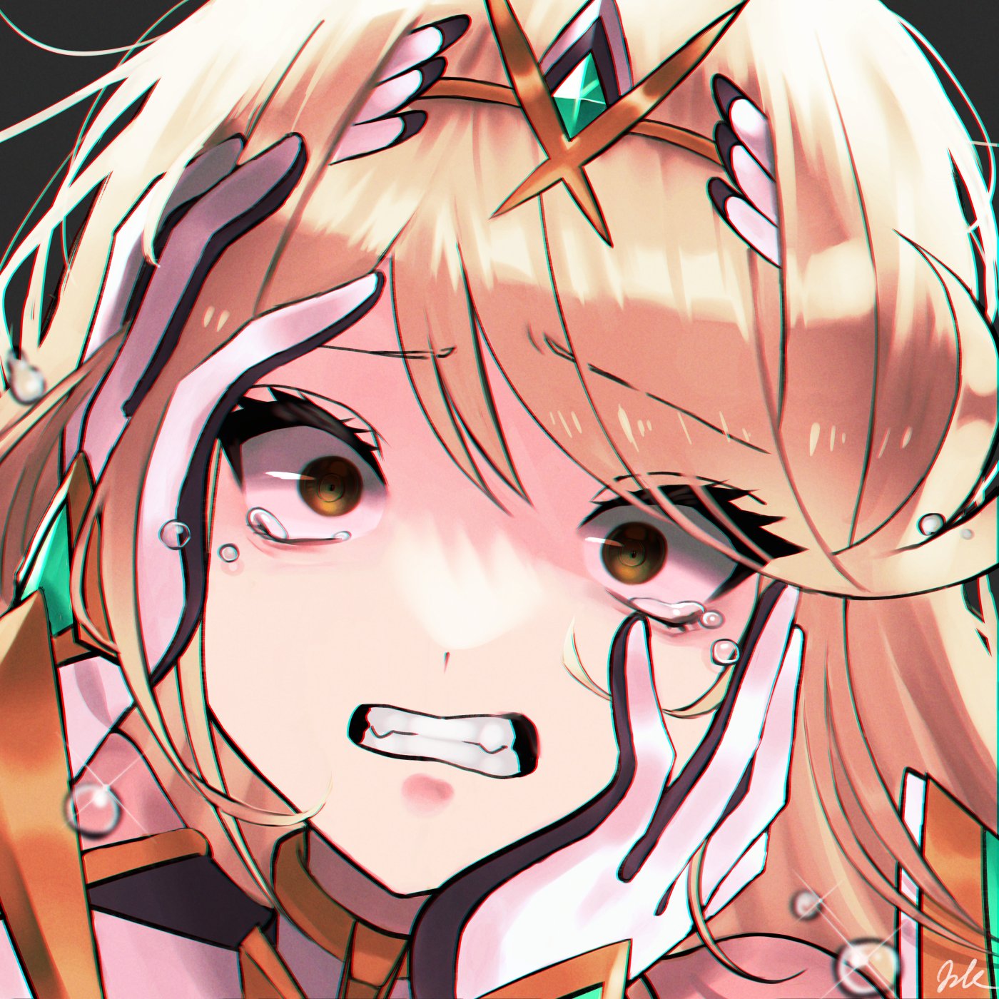 1girl bangs blonde_hair circlet crying crying_with_eyes_open gloves hands_on_own_cheeks hands_on_own_face highres kyosuke1413koba long_hair looking_at_viewer mythra_(xenoblade) parted_lips signature solo swept_bangs tears teeth upper_body white_gloves wide-eyed xenoblade_chronicles_(series) xenoblade_chronicles_2 yellow_eyes