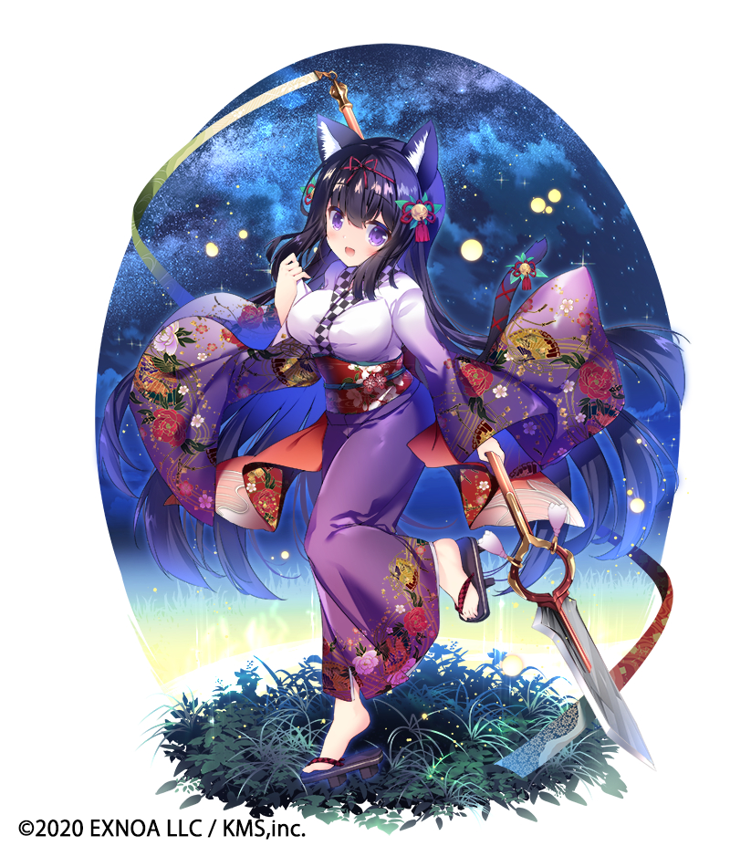 1girl animal_ear_fluff animal_ears bangs blush border breasts cat_ears cat_girl cat_tail commentary_request copyright dated floral_print foot_up full_body geta grass hair_between_eyes hand_up holding holding_polearm holding_weapon japanese_clothes karakawa_(mist_train_girls) kimono large_breasts leaf long_hair long_sleeves looking_at_viewer mist_train_girls nanamomo_rio obi obijime official_art open_mouth polearm print_kimono purple_eyes purple_kimono sash sidelocks smile solo tail tassel very_long_hair weapon white_border wide_sleeves