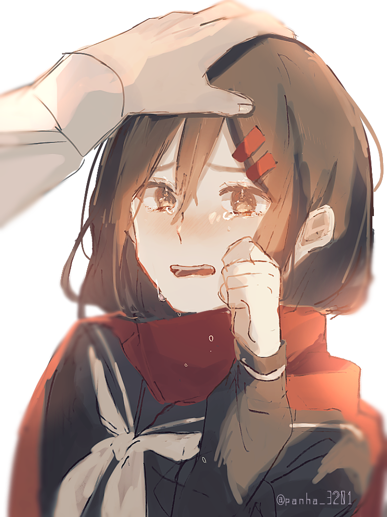1girl 1other bangs black_sailor_collar black_serafuku blurry brown_eyes brown_hair clenched_hand comforting crying crying_with_eyes_open enpera fingernails hair_between_eyes hair_ornament hairclip hand_on_another's_head hand_on_own_face kagerou_project long_sleeves looking_at_viewer mekakucity_actors neckerchief out_of_frame parted_lips petting red_scarf sailor_collar scarf school_uniform serafuku shunu_tabetai simple_background sketch solo_focus tateyama_ayano tears teeth upper_body upper_teeth_only white_background white_neckerchief wiping_tears