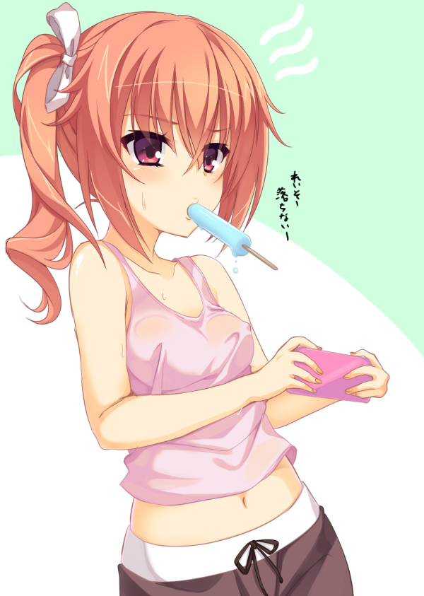 1girl aria. bangs bare_arms black_ribbon breasts brown_skirt collarbone commentary_request covered_nipples eyelashes fingernails frown green_background hair_between_eyes hair_ribbon handheld_game_console holding holding_handheld_game_console inaba_meguru lips looking_to_the_side navel official_style orange_hair pink_tank_top popsicle_in_mouth red_eyes ribbon sanoba_witch side_ponytail sidelocks simple_background skirt small_breasts solo standing stomach sweat tank_top translation_request v-shaped_eyebrows wavy_hair white_background white_ribbon yuzu-soft
