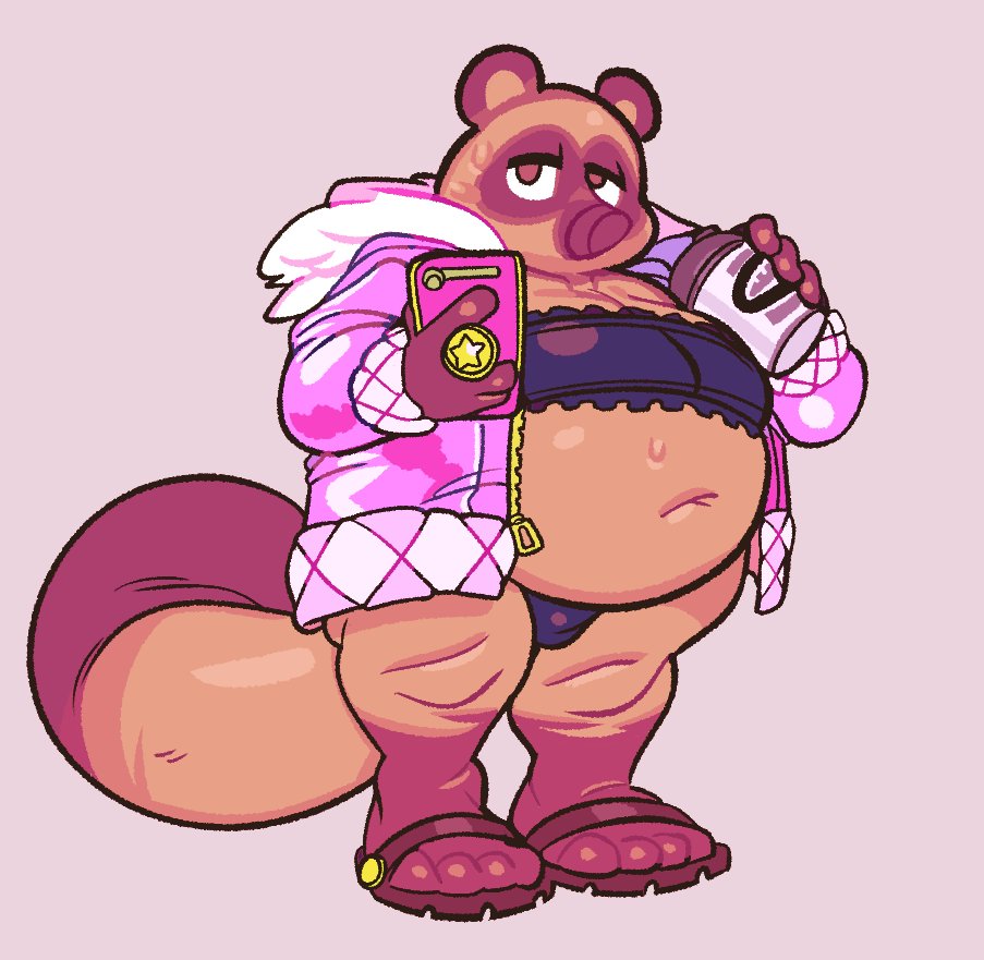 animal_crossing anthro belly beverage big_belly bottomwear bra brown_body bulge canid canine clothed clothing coffee crossdressing feet footwear jacket male mammal mostly_nude nintendo overweight overweight_male panties phone raccoon_dog sandals solo standing submarine_screw tanuki tom_nook_(animal_crossing) topwear underwear