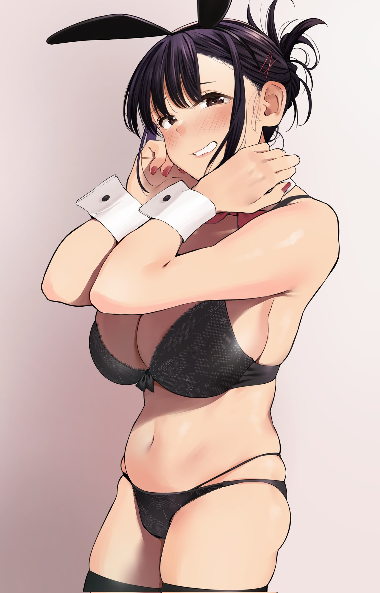 1girl animal_ears arms_up bangs black_bra black_hair black_panties blush bow bowtie bra breasts brown_eyes cleavage commentary_request elder_cousin_(igarashi_kyouhei) embarrassed fake_animal_ears folded_hair folded_ponytail hair_ornament hairclip highres igarashi_kyouhei large_breasts medium_hair nail_polish navel open_mouth original panties rabbit_ears red_nails solo thighhighs underwear wrist_cuffs