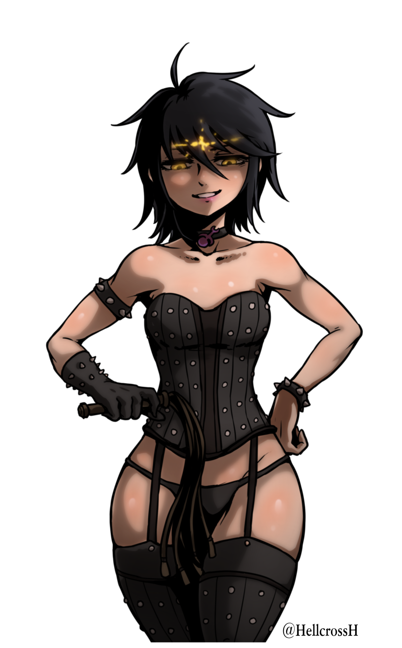 1girl ahoge archaon_the_everchosen armlet artist_name bangs bare_shoulders black_choker black_gloves black_hair black_panties black_thighhighs bracelet breasts chaos_(warhammer) choker collarbone commentary corset cowboy_shot cropped_legs english_commentary garter_straps gloves glowing grin groin hair_between_eyes half-closed_eyes hand_on_hip happy hellcross_(dkrejd2000) highres holding holding_whip jewelry looking_down panties shiny_skin short_hair simple_background single_glove slaanesh_(symbol) small_breasts smile solo spiked_armlet spiked_bracelet spiked_gloves spikes standing straight-on teeth thighhighs total_war:_warhammer transparent_background twitter_username underwear warhammer_fantasy watermark yellow_eyes