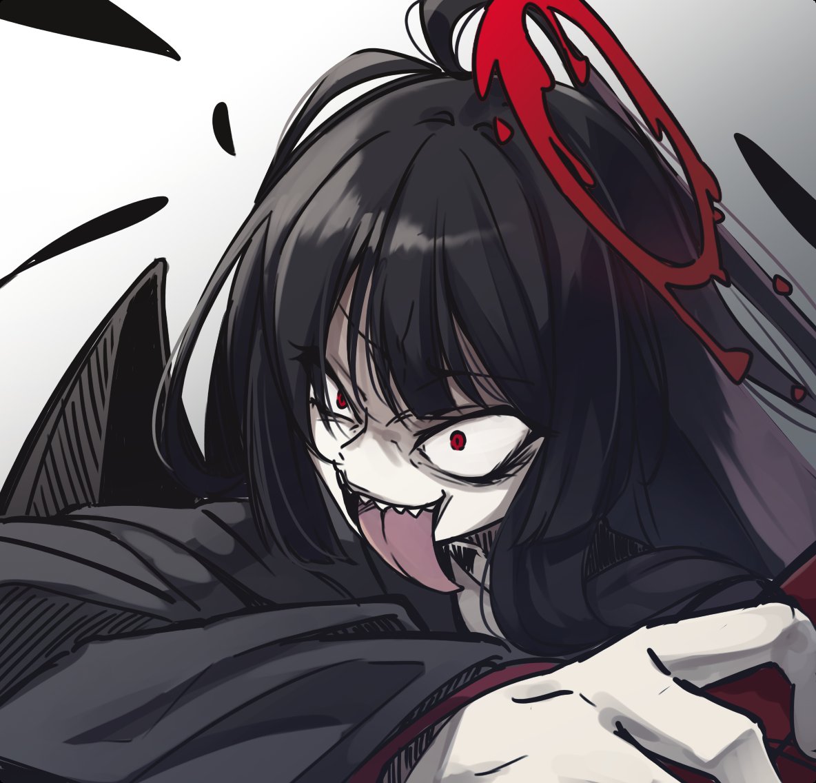 1girl :d bangs black_hair black_shirt black_wings blue_archive crazy_smile grey_background halo long_sleeves looking_away natsuki_teru red_eyes sharp_teeth shirt smile solo teeth tongue tongue_out tsurugi_(blue_archive) upper_body v-shaped_eyebrows white_background wings