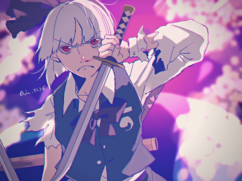 1girl angry arm_up bangs black_bow black_bowtie black_hairband black_ribbon blood blurry blurry_background bow bowtie branch breasts buttons cherry_blossoms closed_mouth collarbone collared_shirt flower ghost ghost_print green_skirt green_vest grey_hair grey_shirt hairband hakugyokurou hand_up hitodama hitodama_print holding holding_sword holding_weapon injury katana konpaku_youmu konpaku_youmu_(ghost) long_sleeves looking_at_viewer medium_breasts nosebleed one-hour_drawing_challenge outdoors parted_bangs pink_flower puffy_long_sleeves puffy_sleeves raya_(uk_0128) red_eyes ribbon shirt short_hair short_sleeves skirt skirt_set solo stairs standing sword tears touhou tree twitter_username v-shaped_eyebrows vest weapon wing_collar