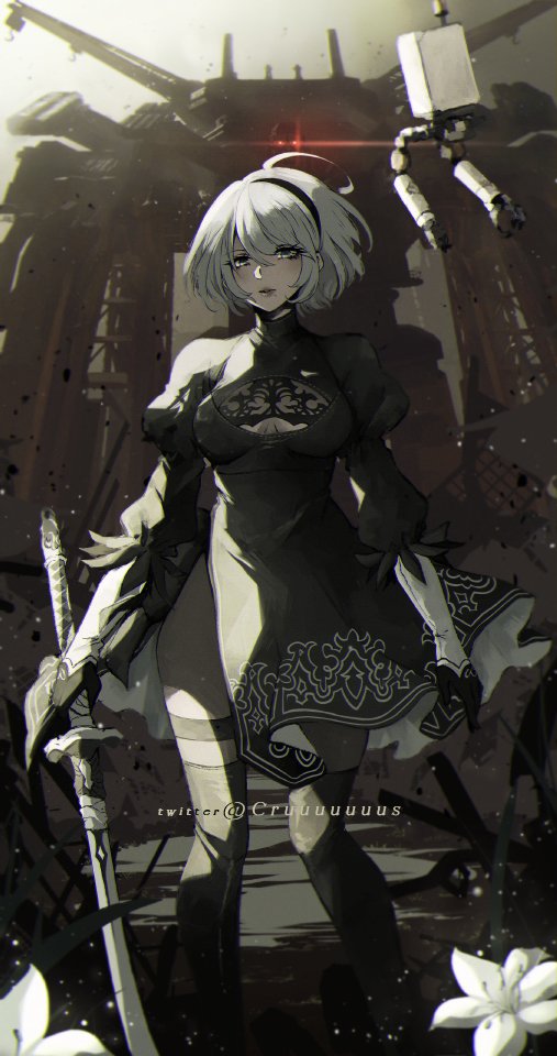 1girl artist_name bangs black_dress black_hairband breasts cleavage_cutout clothing_cutout criis-chan dress feather-trimmed_sleeves feet_out_of_frame gloves grey_hair hairband holding holding_sword holding_weapon juliet_sleeves katana long_sleeves looking_at_viewer mole mole_under_mouth nier_(series) nier_automata outdoors pod_(nier_automata) puffy_sleeves short_hair solo standing sword thighhighs two-sided_dress two-sided_fabric weapon yorha_no._2_type_b