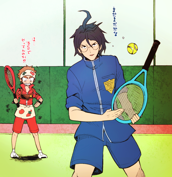 1boy 1girl ace_attorney ahoge angry ball black_hair blue_shirt blush brown_hair glasses headband holding holding_racket hugh_o'conner indoors looking_at_another male_focus minashirazu open_mouth phoenix_wright:_ace_attorney_-_dual_destinies racket red_shirt red_shorts robin_newman shirt short_hair shorts sleeves_rolled_up smile sportswear tennis_ball tennis_racket you're_doing_it_wrong