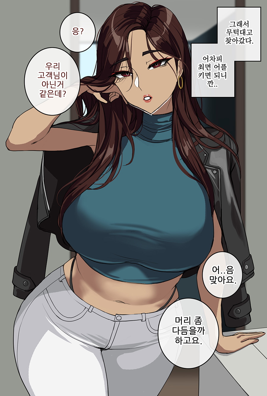 1girl black_jacket breasts brown_hair earrings hella_p highres jacket jacket_on_shoulders jewelry korean_commentary korean_text large_breasts long_hair looking_at_viewer navek navel original pants parted_lips red_eyes solo white_pants