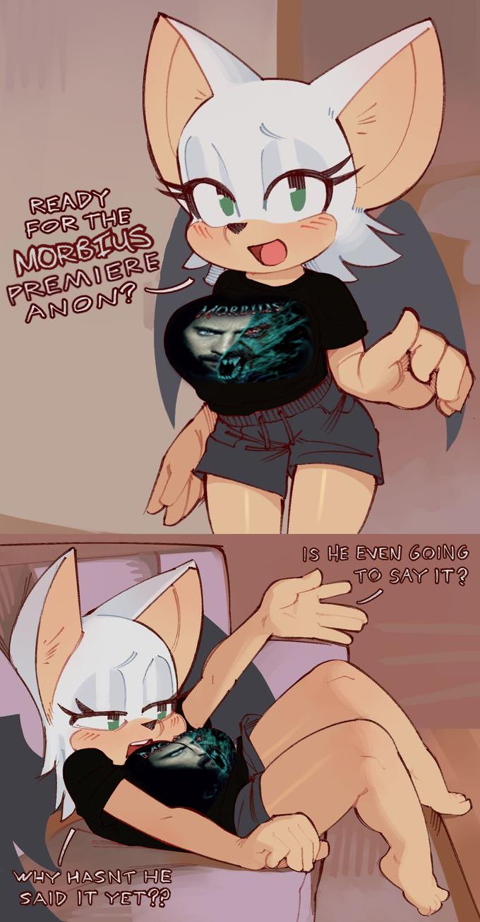 2_panel_comic anthro bat bat_ears bat_wings big_breasts blush breasts clothed clothing comic female green_eyes hair hi_res mammal membrane_(anatomy) membranous_wings meme morbius movie_night open_mouth rouge_the_bat sega smile solo sonic_the_hedgehog_(series) text wamudraws white_hair wings