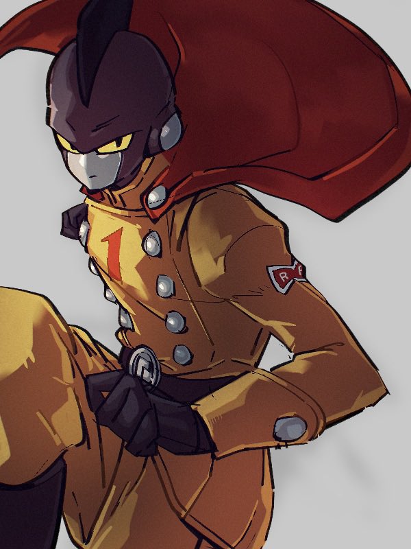 1boy belt black_gloves boots cape closed_mouth colored_skin dragon_ball dragon_ball_super dragon_ball_super_super_hero fighting_stance gamma_1 gloves grey_skin kemachiku long_sleeves looking_at_viewer male_focus red_cape red_ribbon_army serious solo uniform yellow_eyes